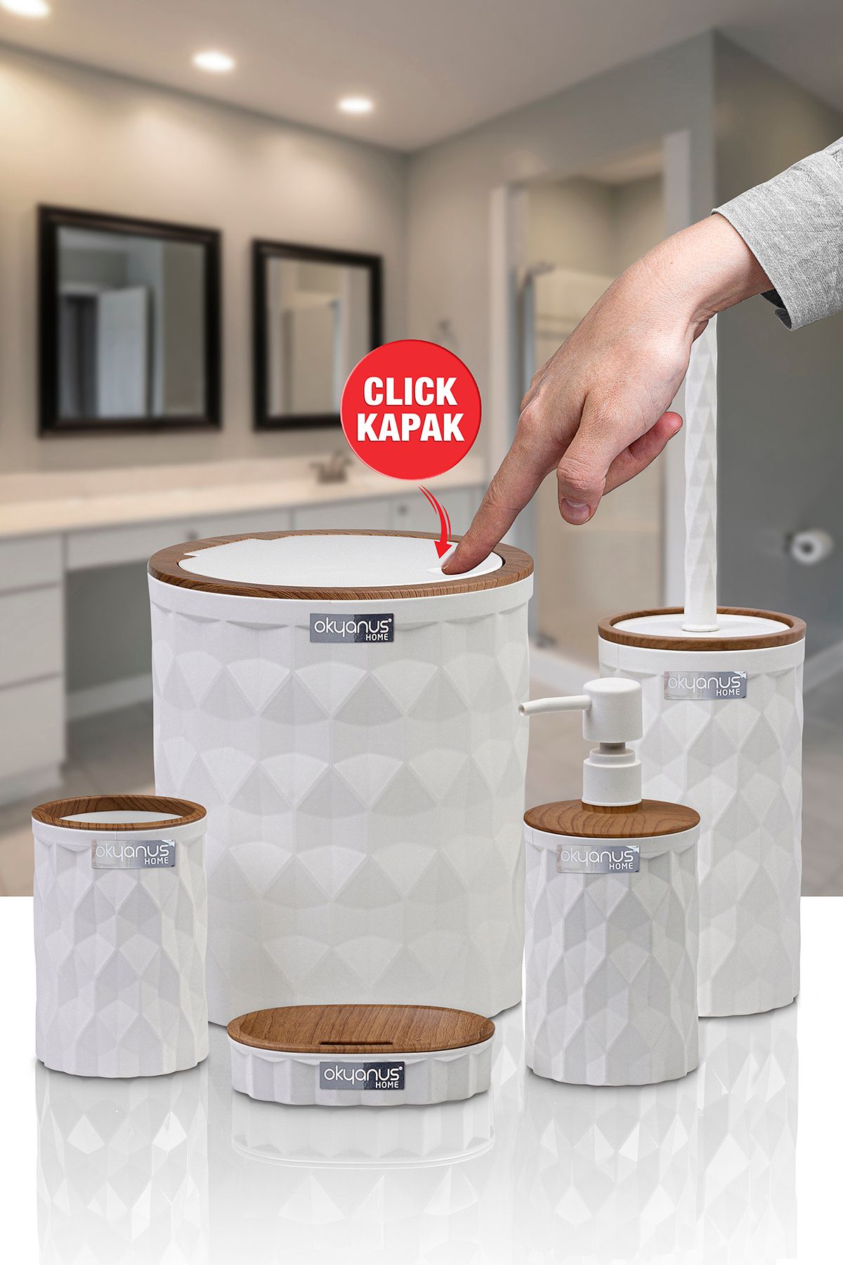 Diamond Beyaz Ahşap Click Kapak 5'li Banyo Seti