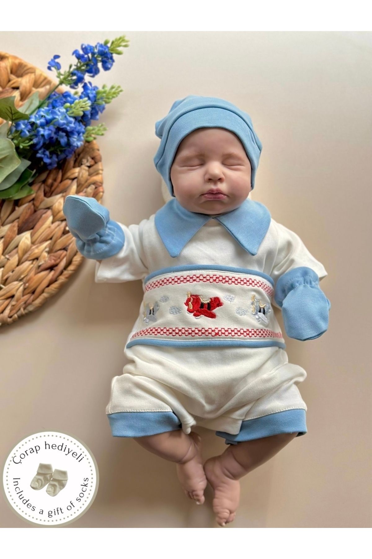 Mama Miel Baby Uçak Nakışlı Yazlık Mavi Yenidoğan Tulum Set - Summer Edition