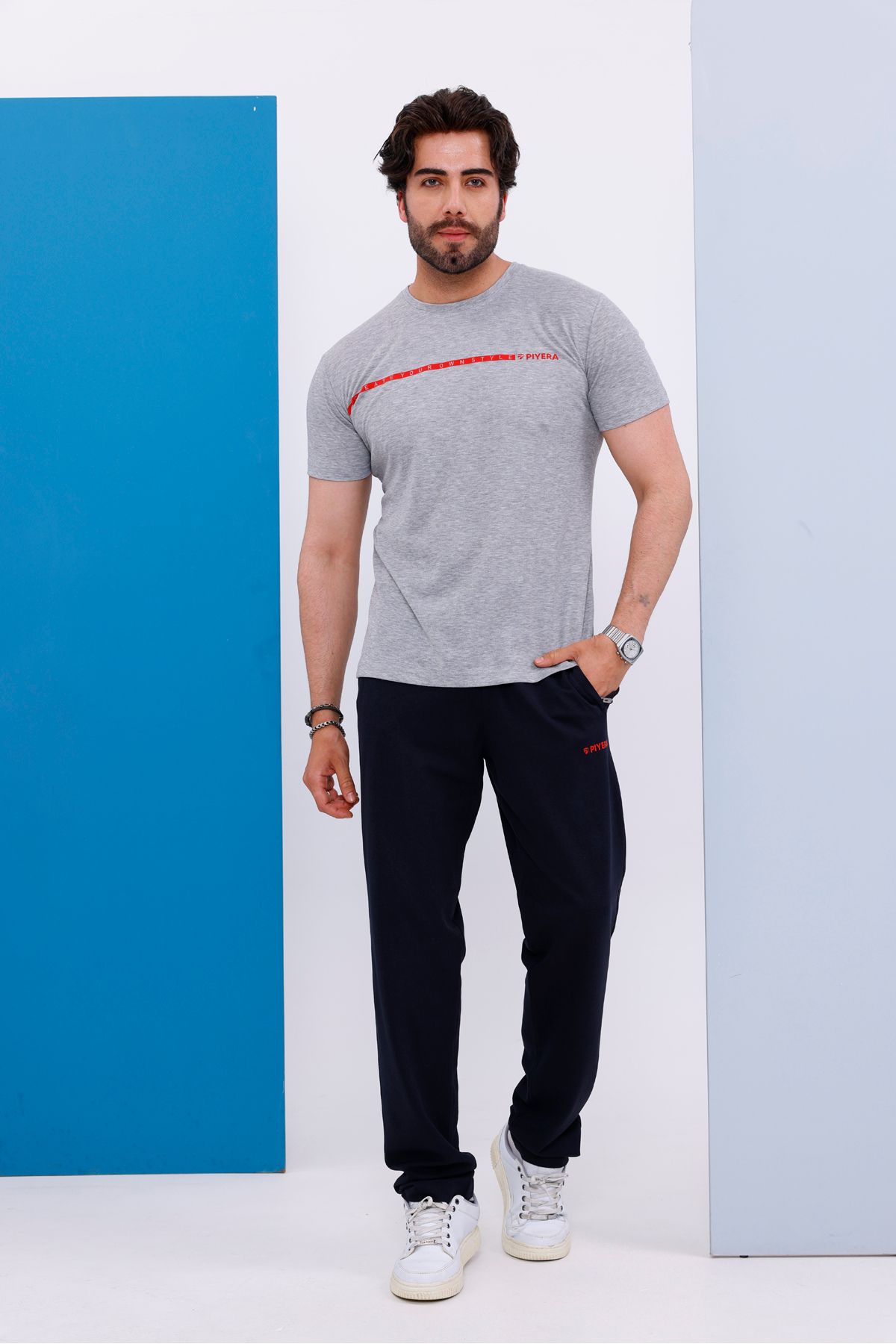 Piyera Erkek Battal Beden Amerikan Pike Kumaş Gri Bisiklet Yaka T-shirt Alt-üst Takımı - 133