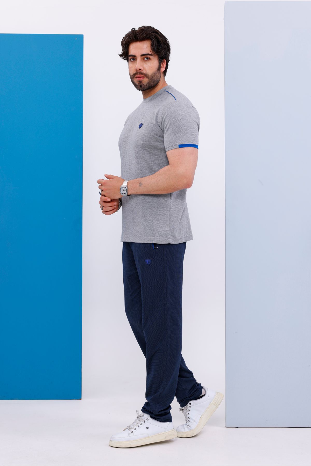 Piyera-Men's Battal Size Light Gray Crew Neck T-Shirt Bottom-Top Set - 130 3