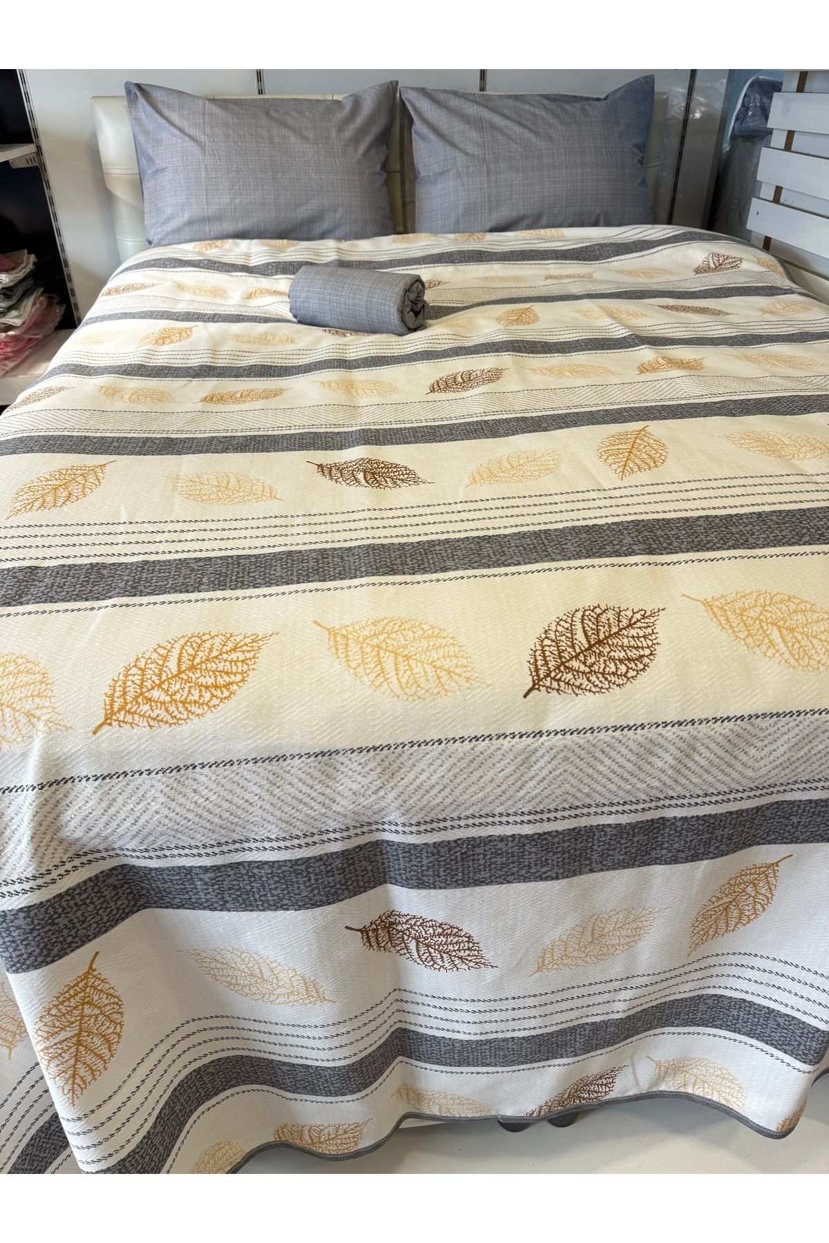ŞENER HOME-Leaf Patterned Sheet with Elastic Double Pique Set 5