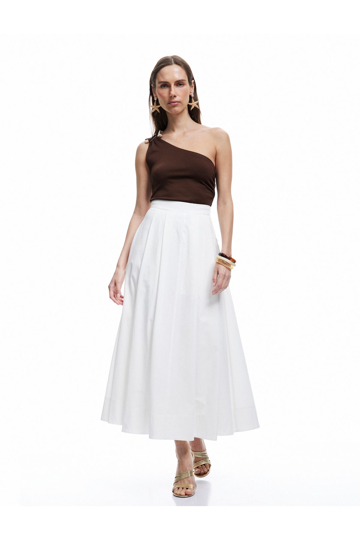 Koton-X Melis Ağazat - Cotton Gabardine Fabric Lined A-Line Pleated Long Skirt 3