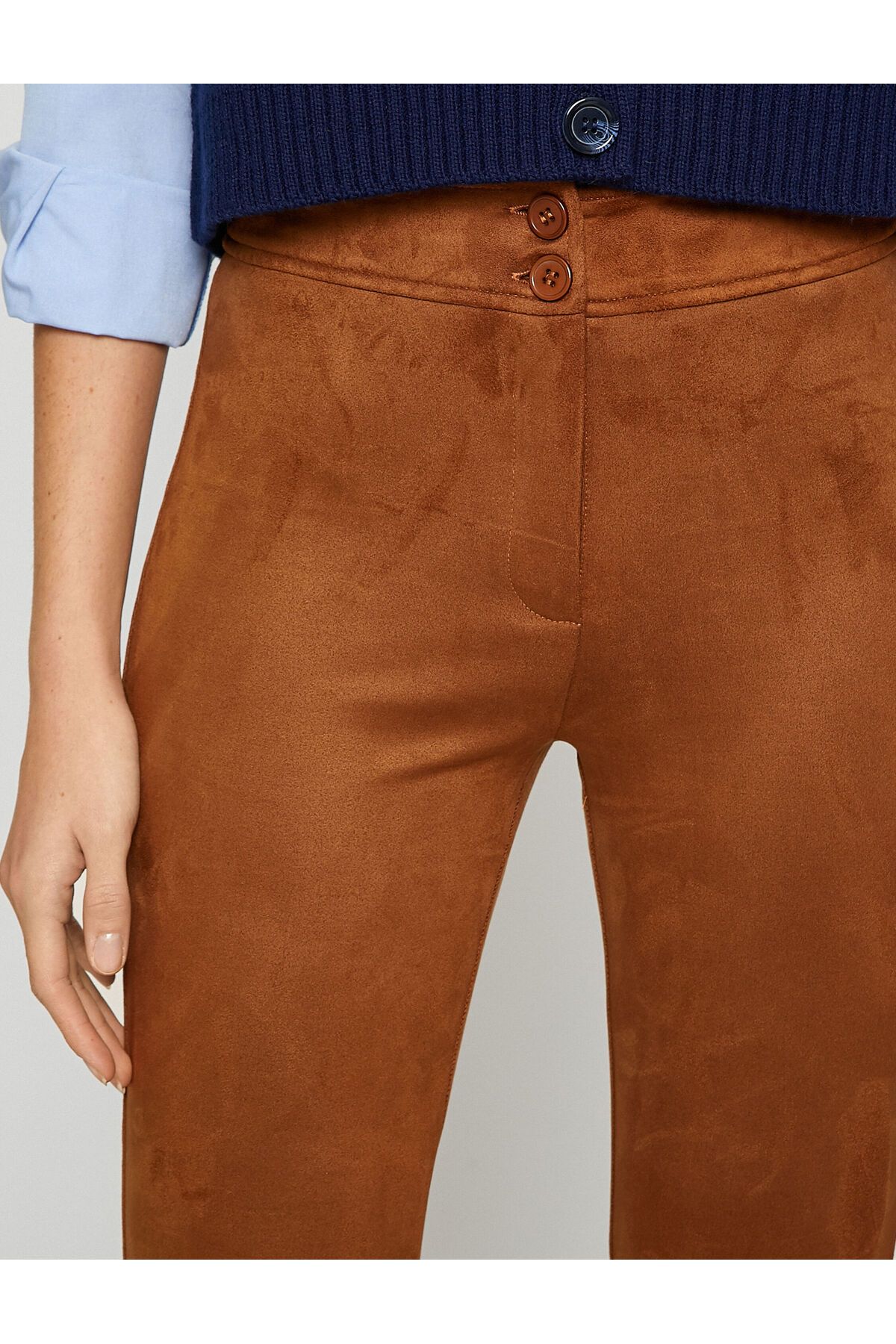 Koton-Flared Leg Trousers Suede Look Buttoned 5