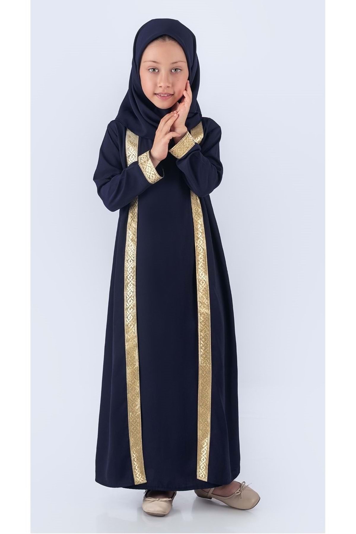 Mnk Baby&Kids Medine İpek Kumaş Eşarplı Tesettür Namaz Elbise M00742 LACİVERT