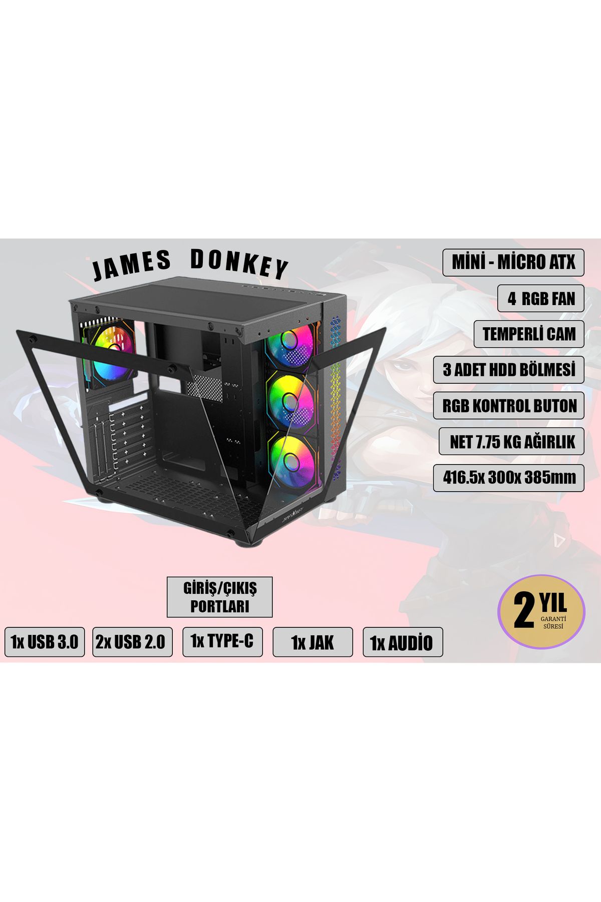 James Donkey Stark S800 4xARGB Temperli Cam 750W 80+ Bronze ATX Siyah Gaming (Oyuncu) Kasa
