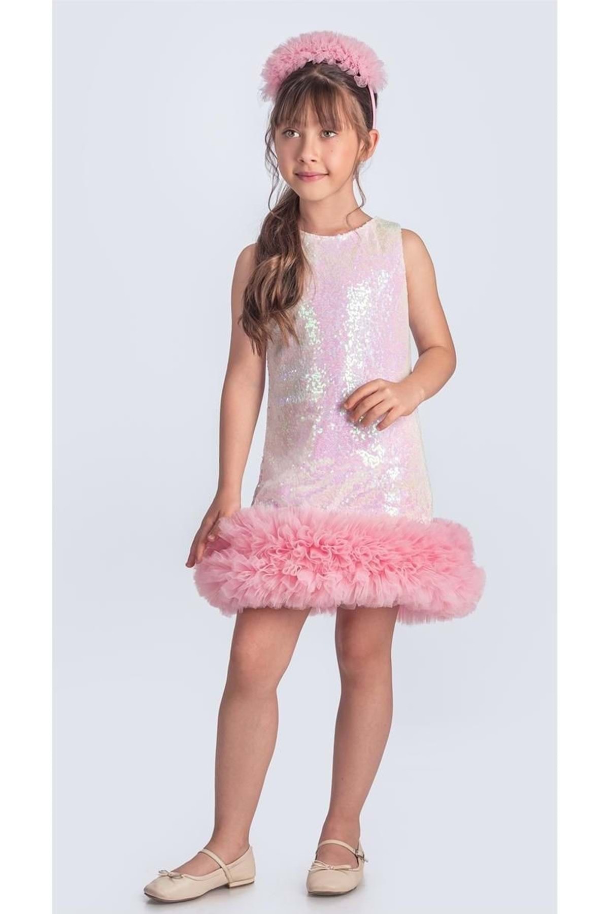 Mnk Baby&Kids Pul Payet İfestos Taçlı Tütü Çocuk Özel Gün Abiye M00743 EKRU