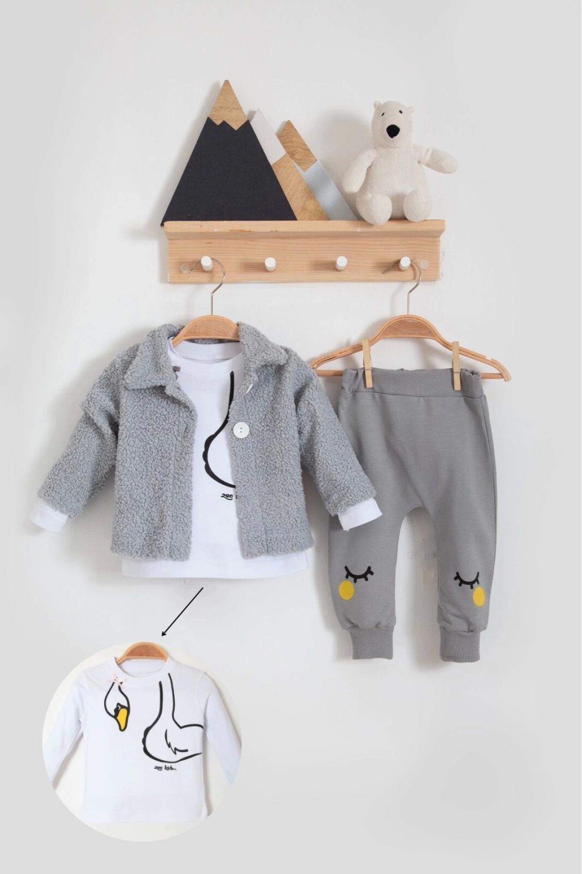 candar 3-18 Ay Kız Bebek Takımı Peluş Hırkalı 3 Lü Gri