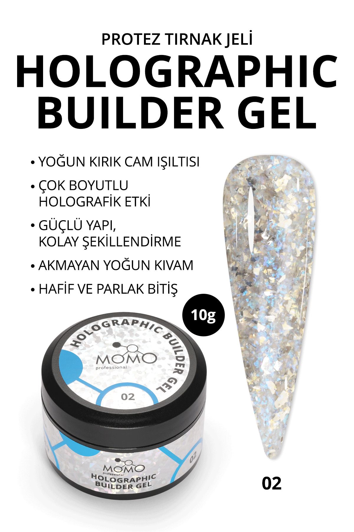 MOMO professional Holographic Builder Gel, Nail Art için Protez Tırnak Jeli No.02, Glitter Mavi Simli, 10 gr