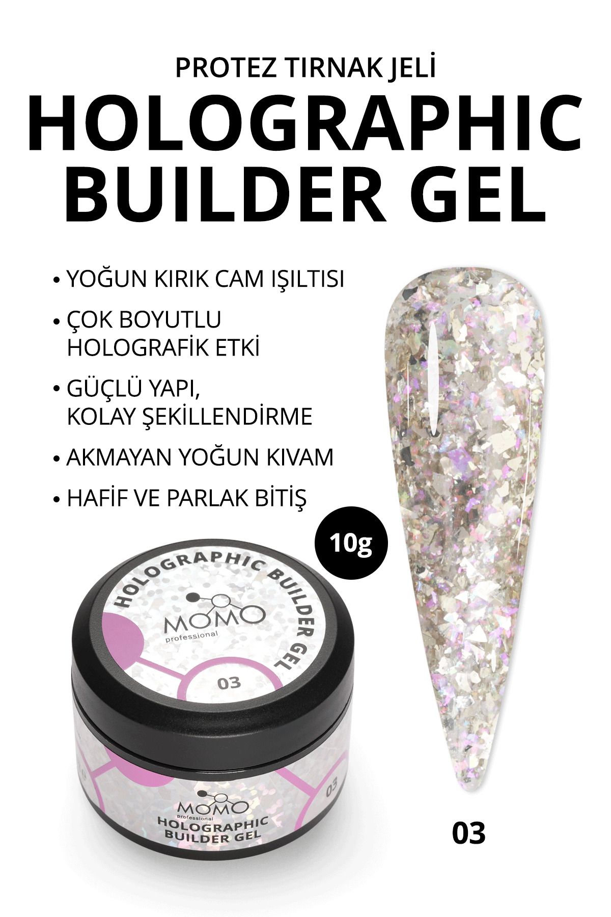 MOMO professional Holographic Builder Gel, Nail Art için Protez Tırnak Jeli No.03, Glitter Pembe Simli, 10 gr