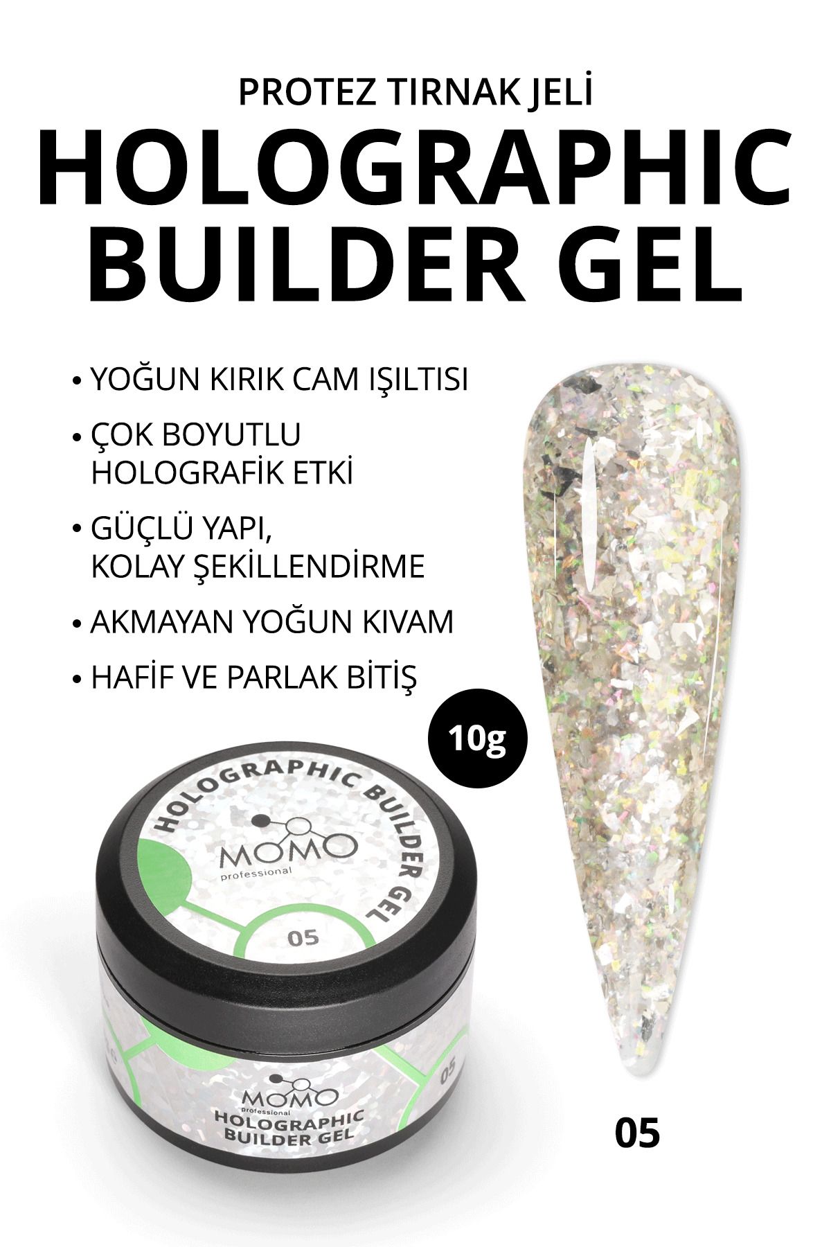 MOMO professional Holographic Builder Gel, Nail Art için Protez Tırnak Jeli No.05, Glitter Yeşil Simli, 10 gr