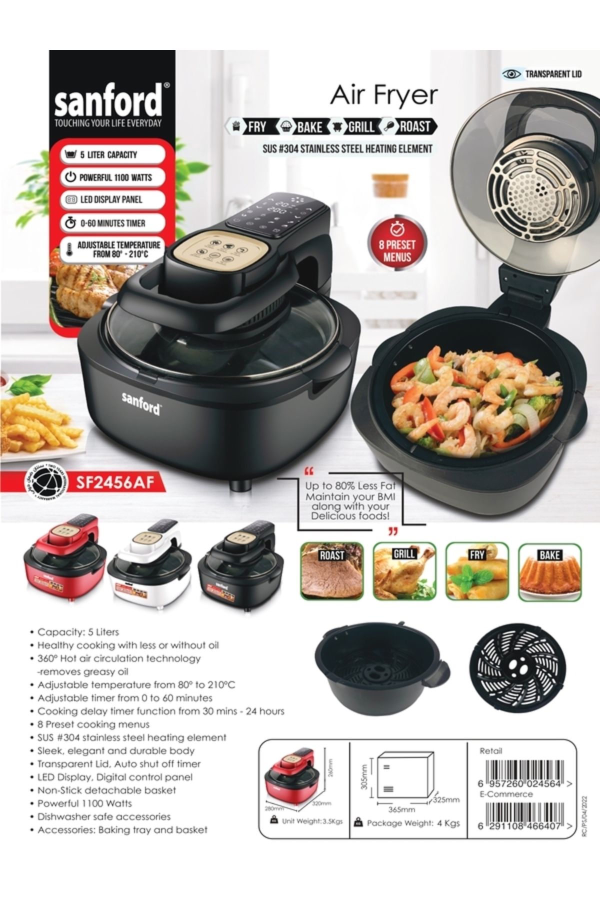 Sanford-Digital Non-Stick Air Fryer, 8 Preset Menus, LED Display with Touch, Oil Free Cooking 8