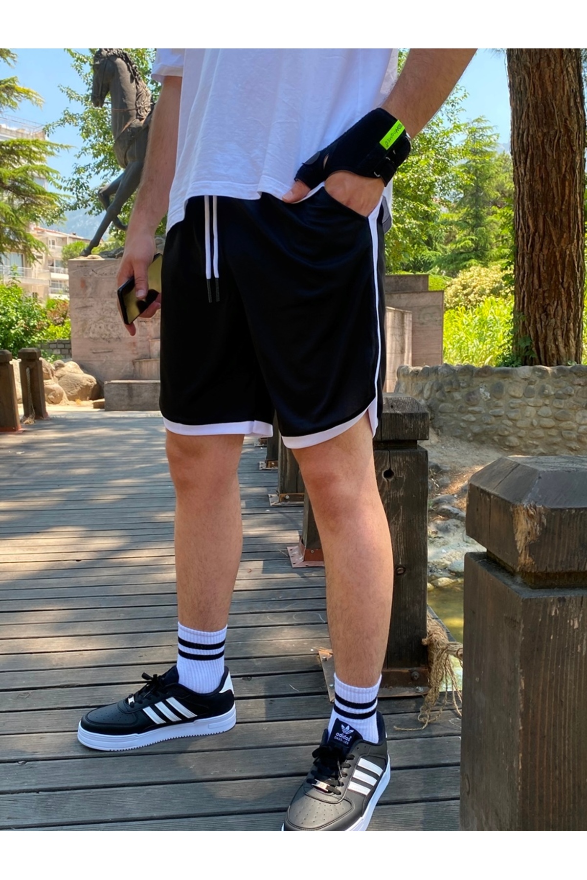 Relax family xf  Erkek Siyah Çizgili Günlük Penye Şort Basketbol Futbol Fitness Spor Egzersizi Koşu Bermuda - Görsel 6