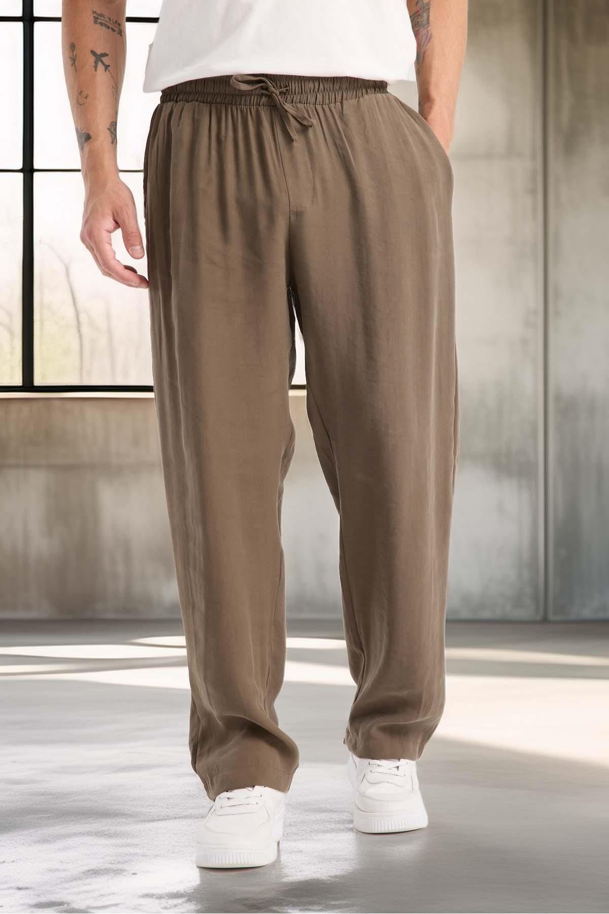 Valiberta Modal Kumaş Rahat Kalıp Düz Paça Jogger Erkek Pantolon - Vizon