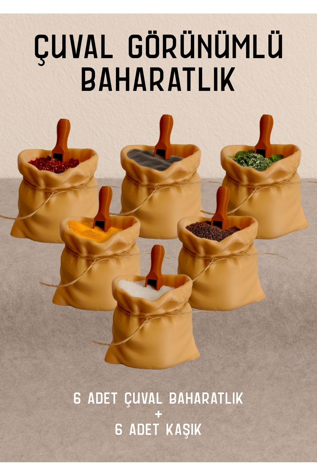 Bayan Rottenmeier 6'lı Çuval Görünümlü Kaşıklı Baharatlık Seti-Baharatlık Takımı-Baharatlık