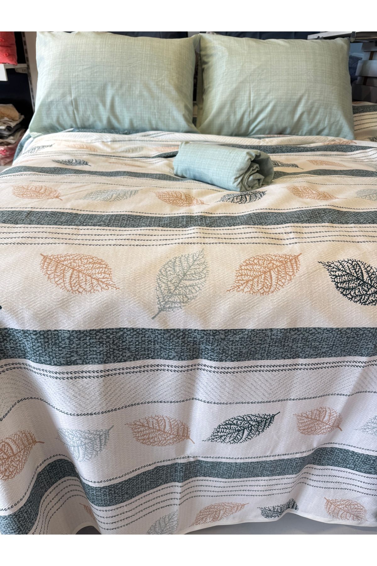 ŞENER HOME-Leaf Patterned Sheet Elastic Single Pique Set 4