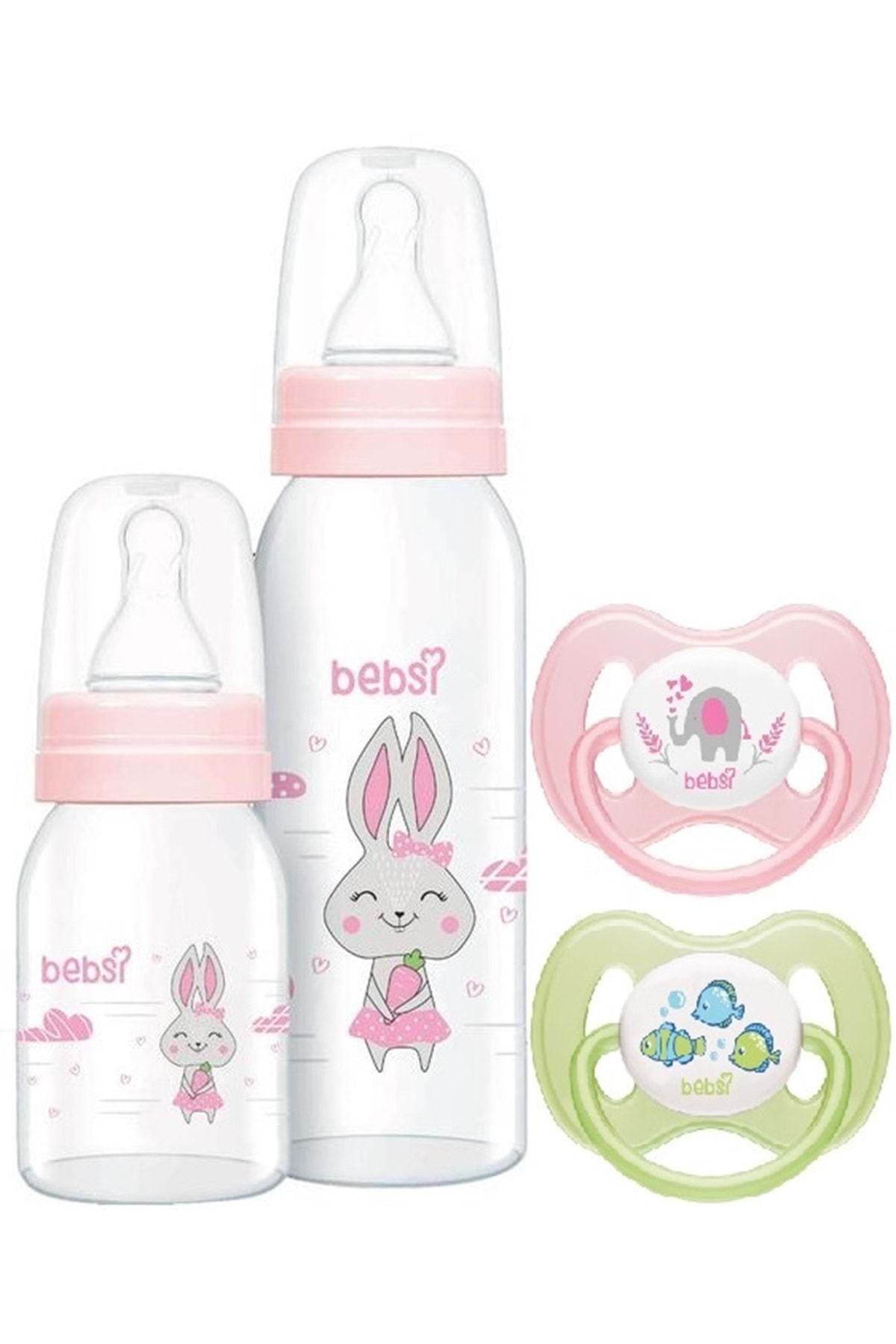 Bebsi Cam Biberon Seti Pembe (250ML 125ML) Emzik Ortodontik Damaklı Kelebek No:1 (2 Lİ PK) 4 Lü Set