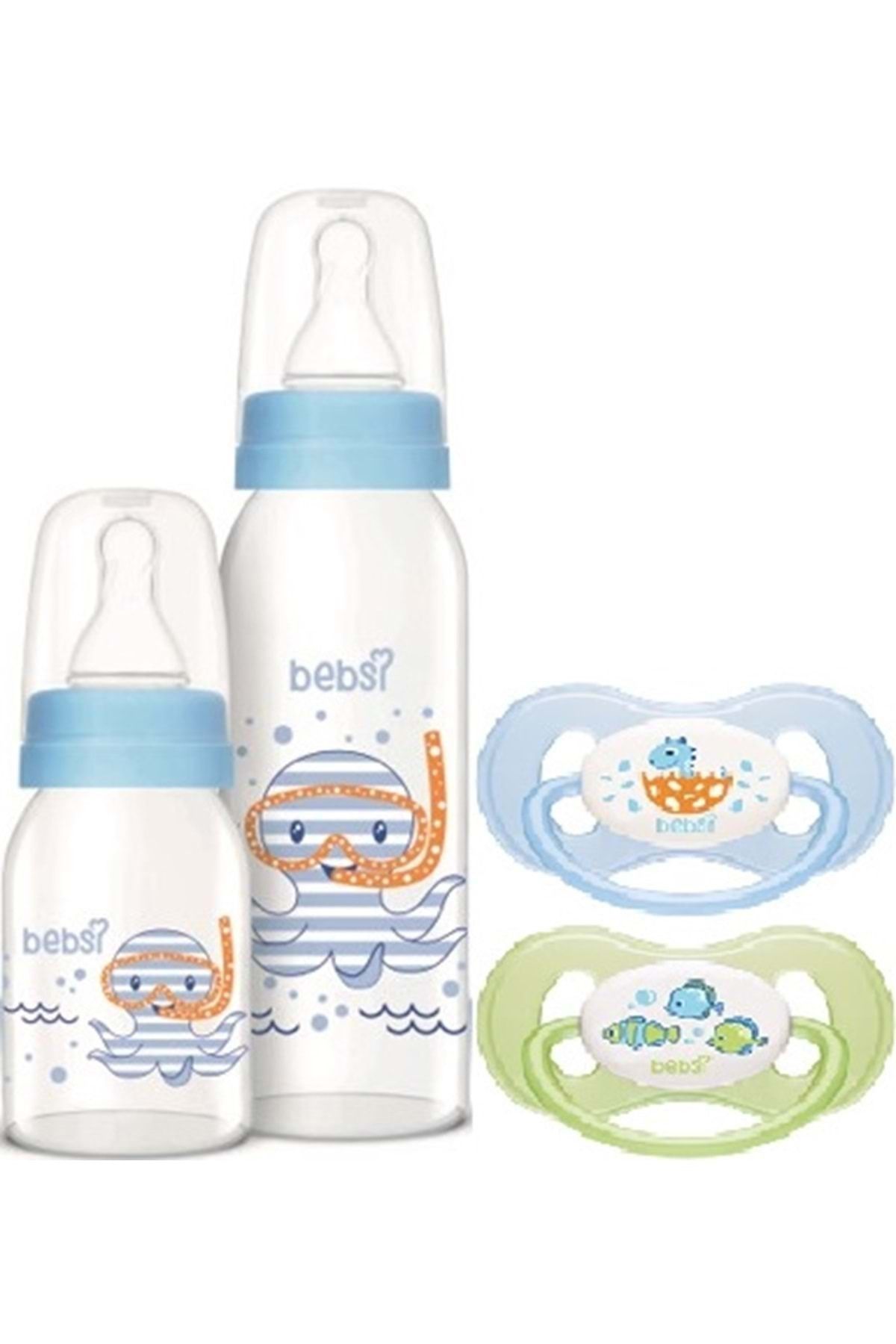 Bebsi Cam Biberon Seti Mavi (250ML 125ML) Emzik Ortodontik Damaklı Kelebek No:1 (2 Lİ PK) 4 Lü Set