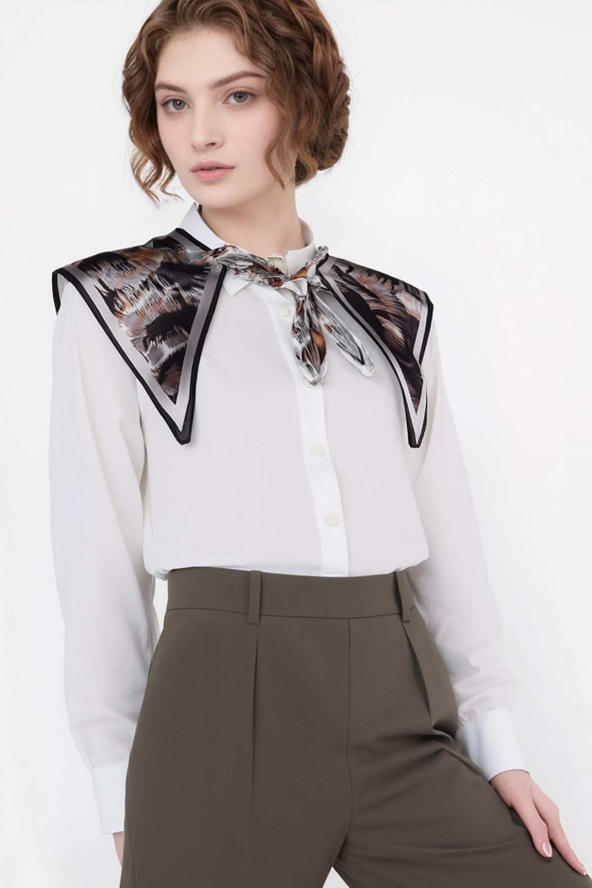 Walkenzo Damgalı Leopar Desenli Bağlamalı Modern Kadın Omuz Şalı
