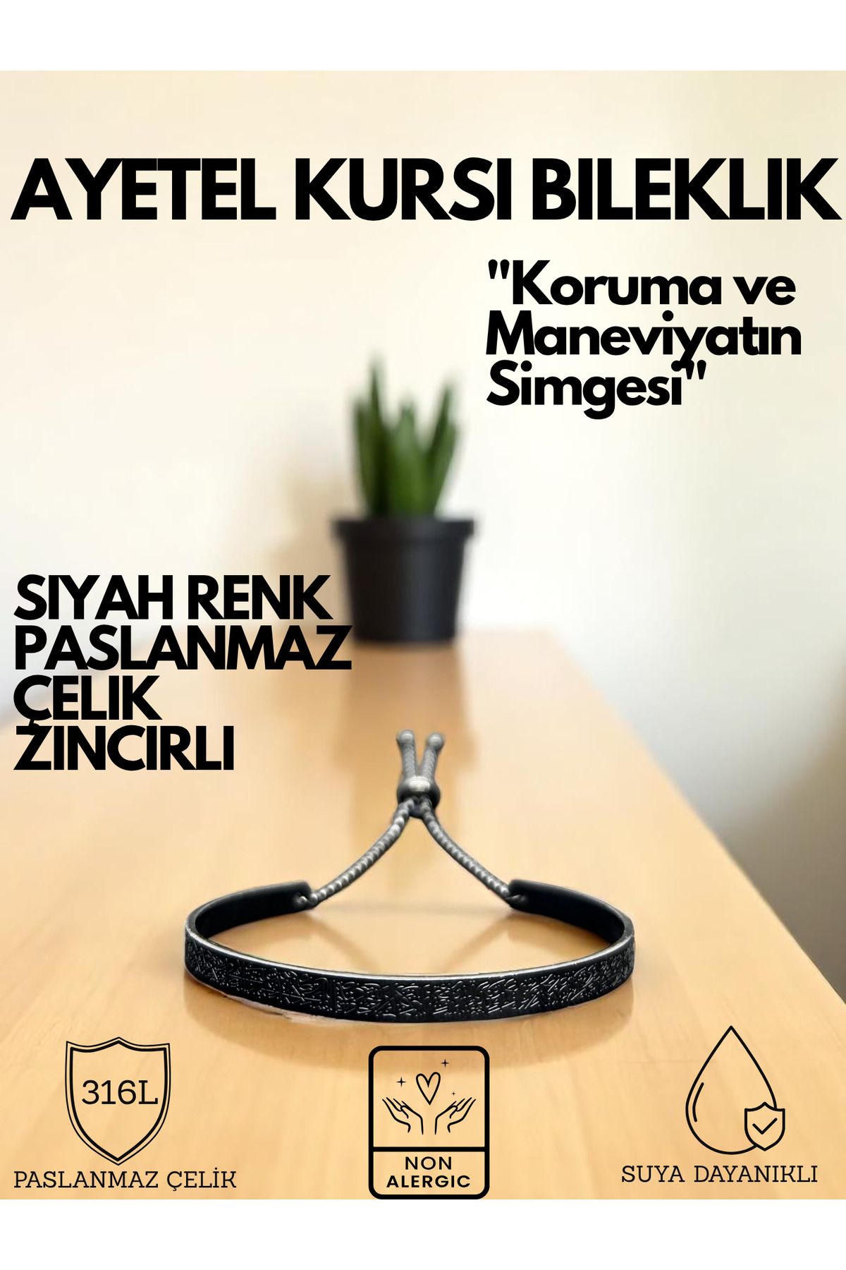 KT AKSESUAR Ayetel Kürsi Yazılı Zincirli Bileklik Paslanmaz Çelik Ayarlanabilir Unisex Bileklik