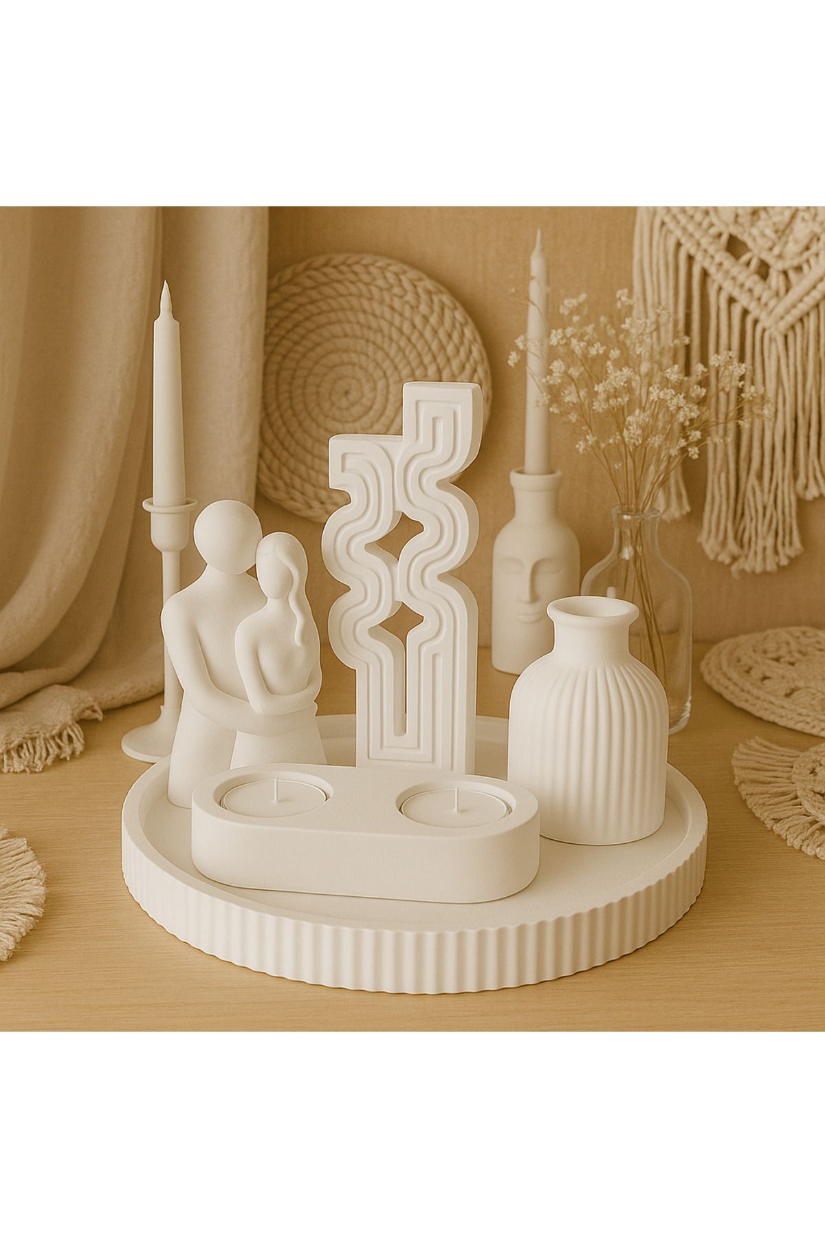 Arteliss Bohem İskandinav Tarz Romantik Dekor 6'lı Set | Dekoratif Tepsili Obje, Vazo, Tealight