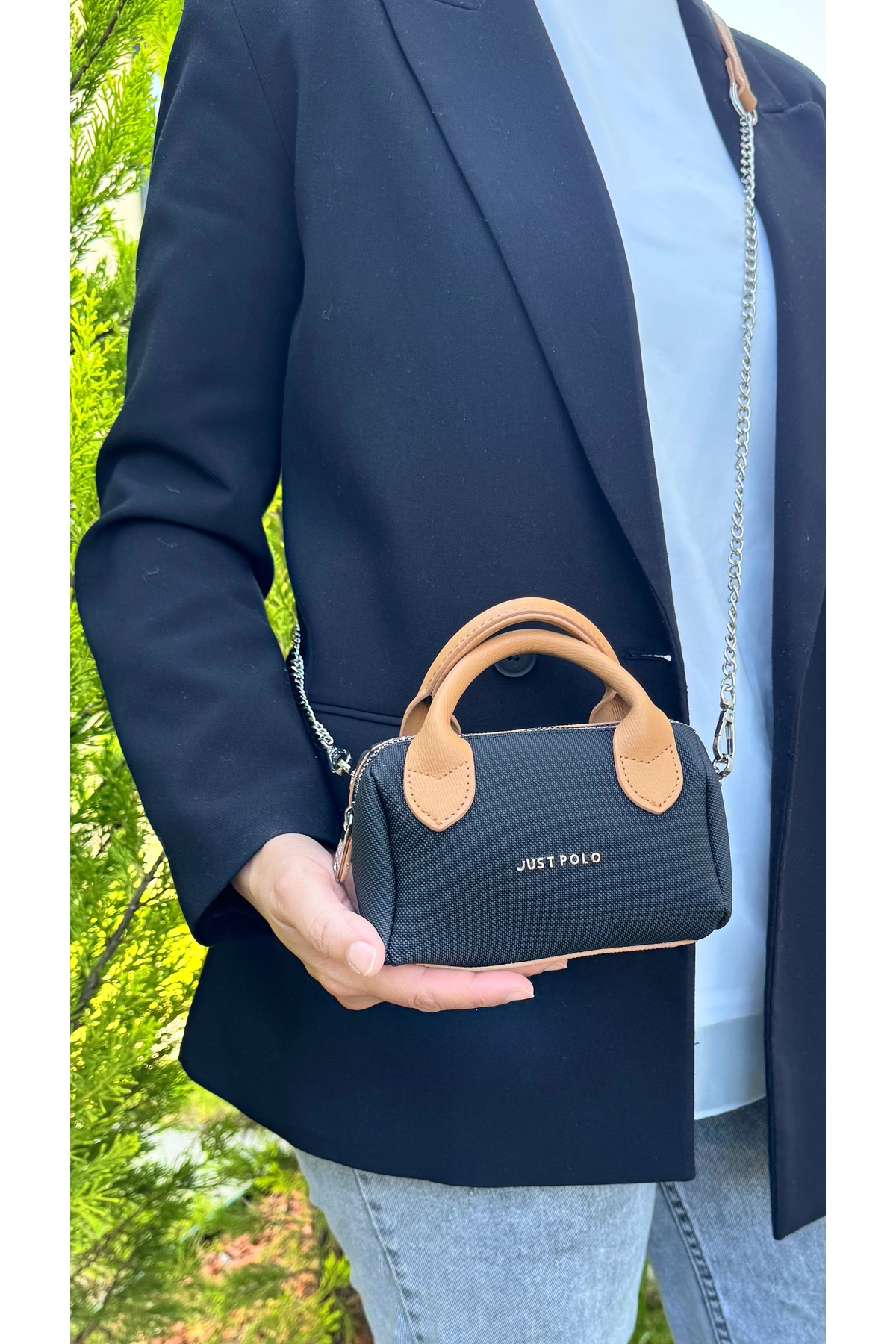 Women's Black Tan Small Size Cylinder Model Hand and Shoulder Bag