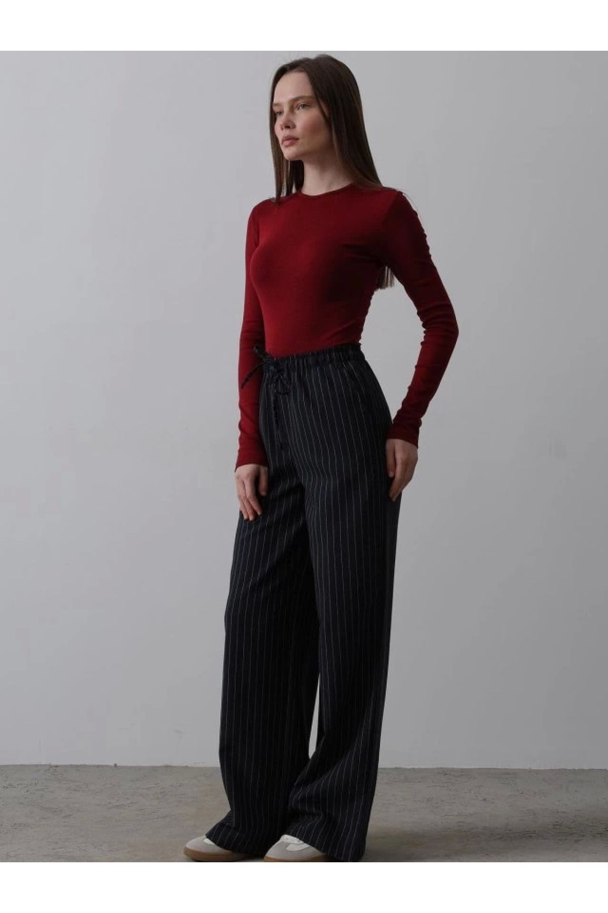 POLEXP Beli Lastikli Bol Paça Pantolon - Lacivert-Beyaz