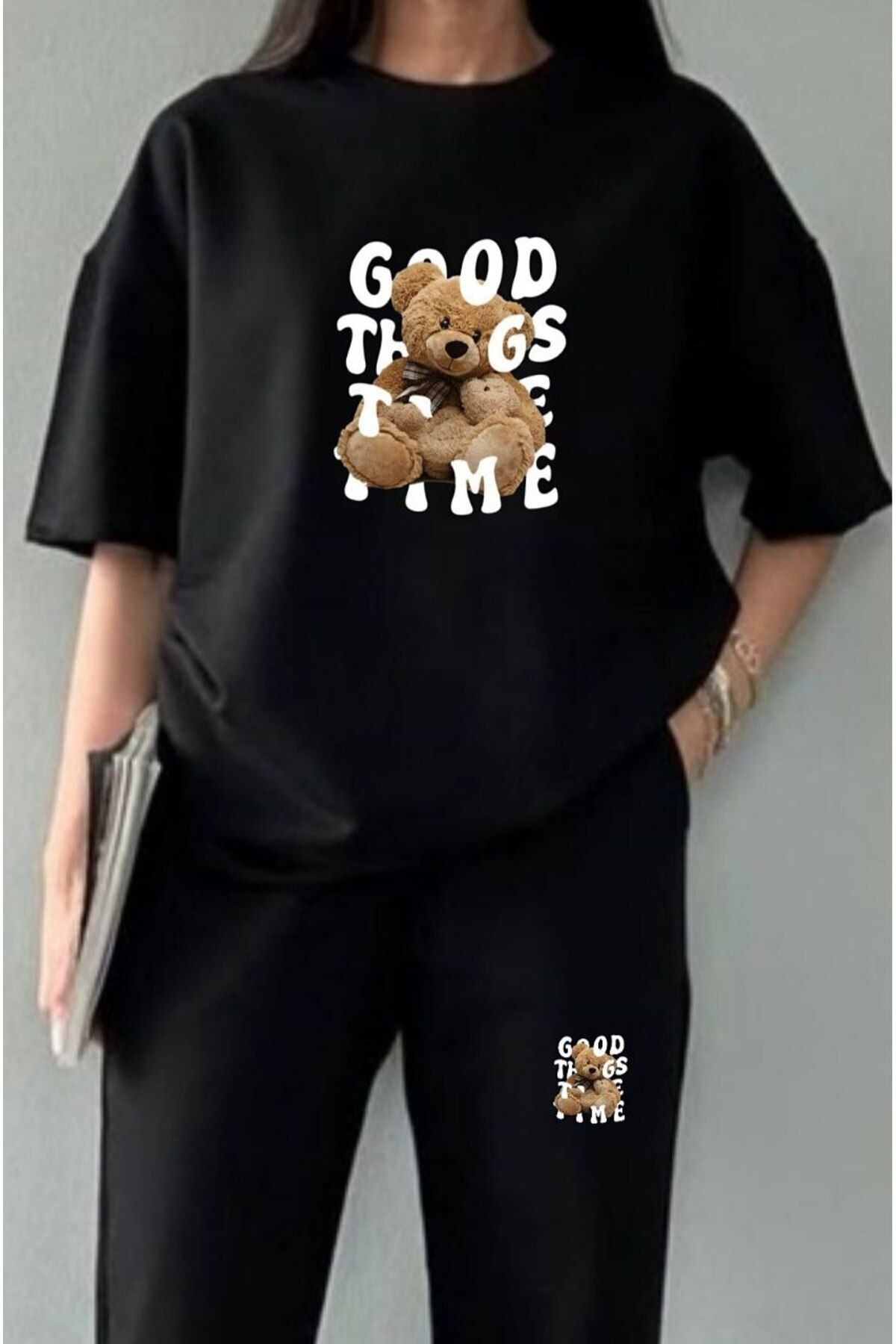 REBRAND Oversize Kadın T-shirt Takımı - Baskılı Alt Üst Eşofman Takım