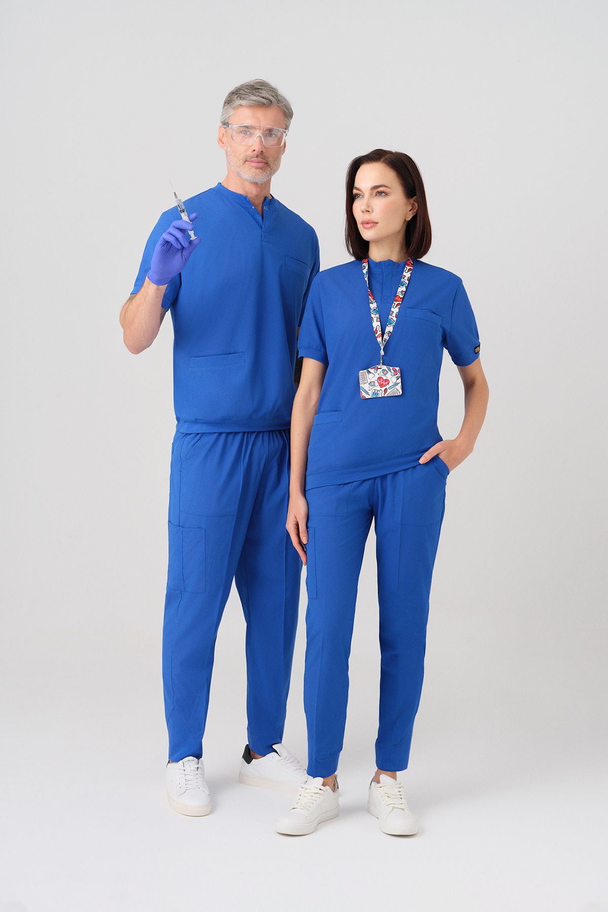 ÇİZGİ MEDİKAL Saks Mavisi Star Best Likra Takım Çift Yönlü Likralı Kumaş Ribana Detaylı Scrubs Alt Üst Takım