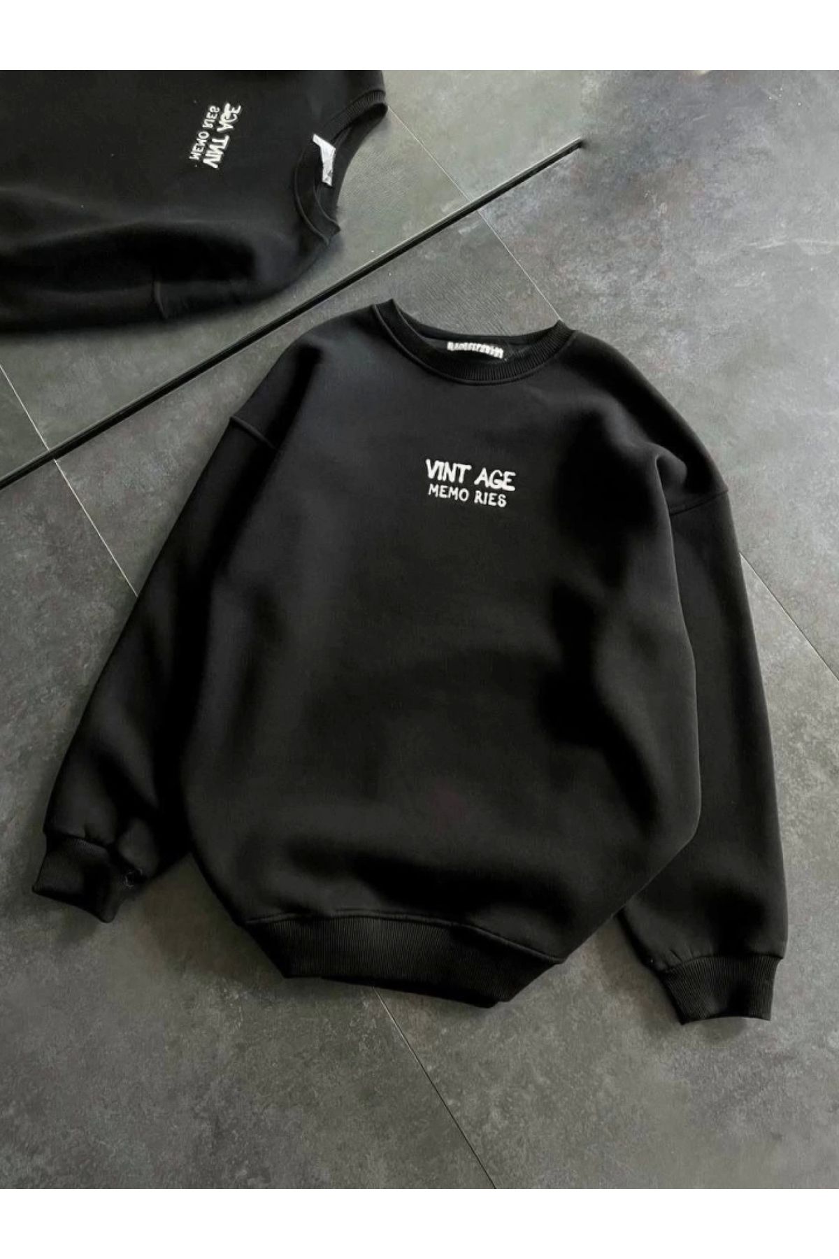 POLEXP Siyah Oversize Bisiklet Yaka Sweatshirt