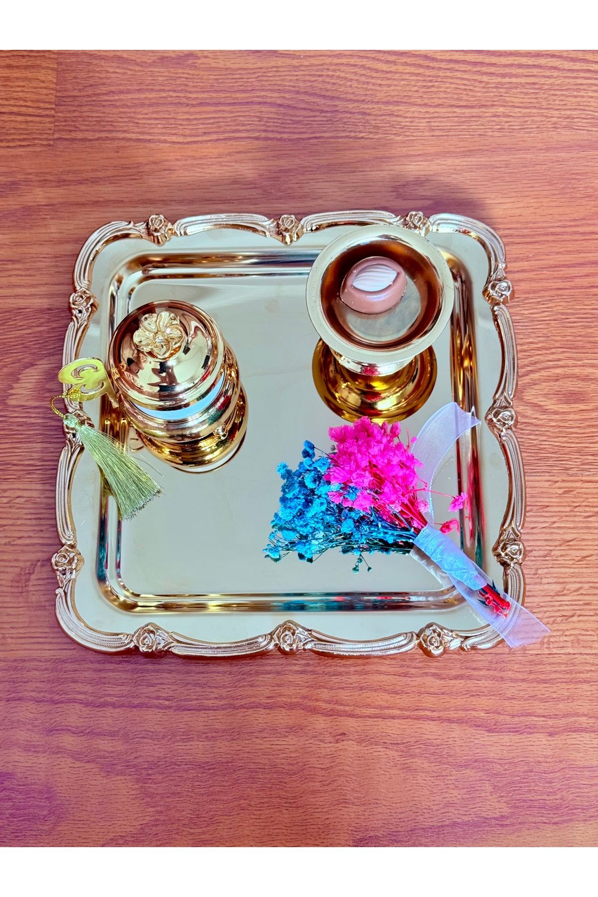 MODERN Gold Kaplama Ekstra Kalın İkili Dikdörtgen Söz Tepsi Nişan Tepsi Damat Kahve Tepsi