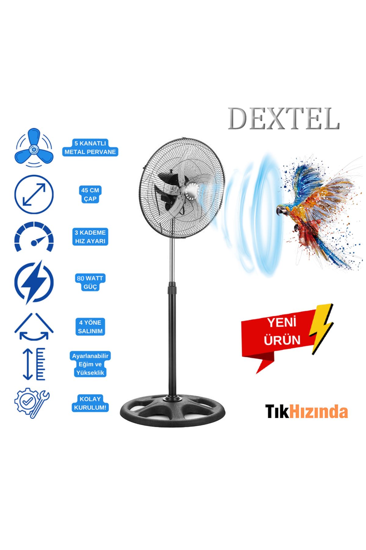 TıkHızında Dextel pervane 5 Metal Kanatlı Soğutucu Vantilatör 3 Kademe Hız Kontrol 18"inch - 80w