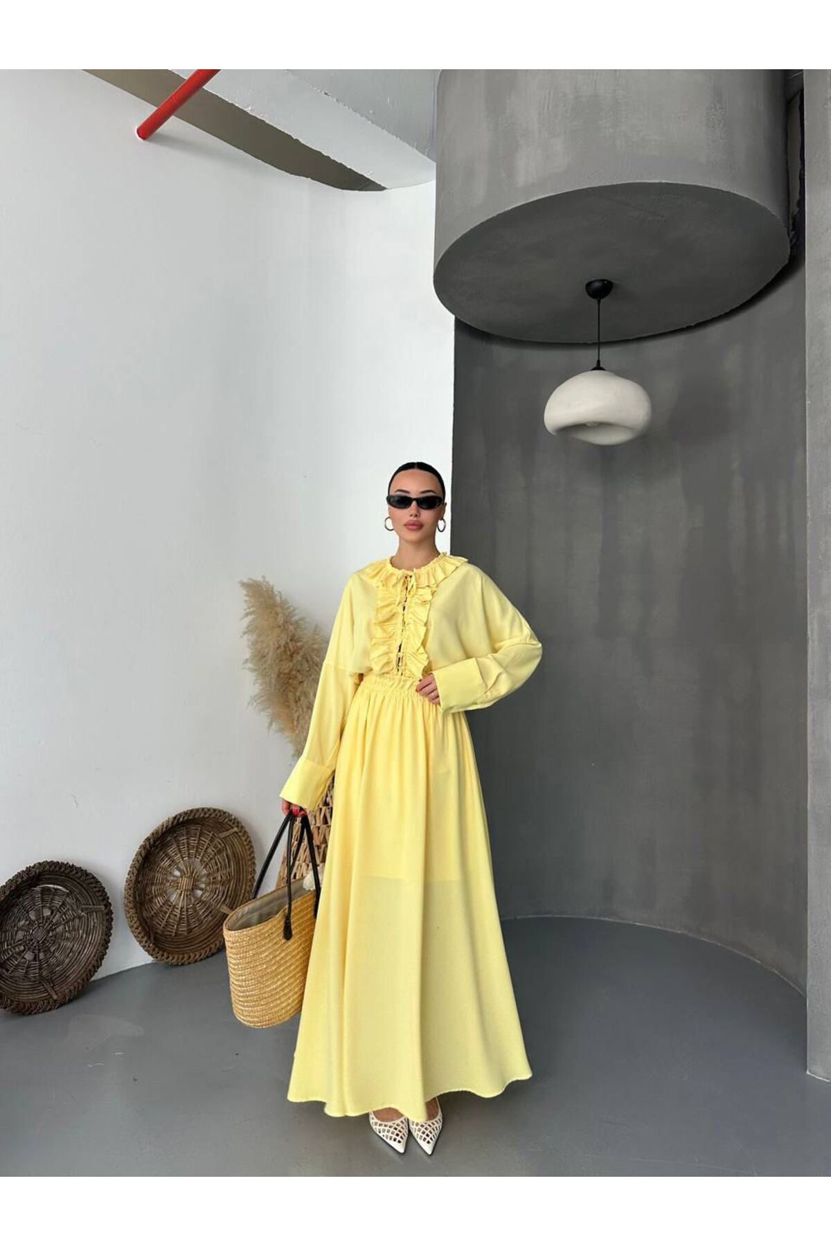 Hotfashion Fırfır Detaylı Beli Lastikli Sarı Yazlık Elbise