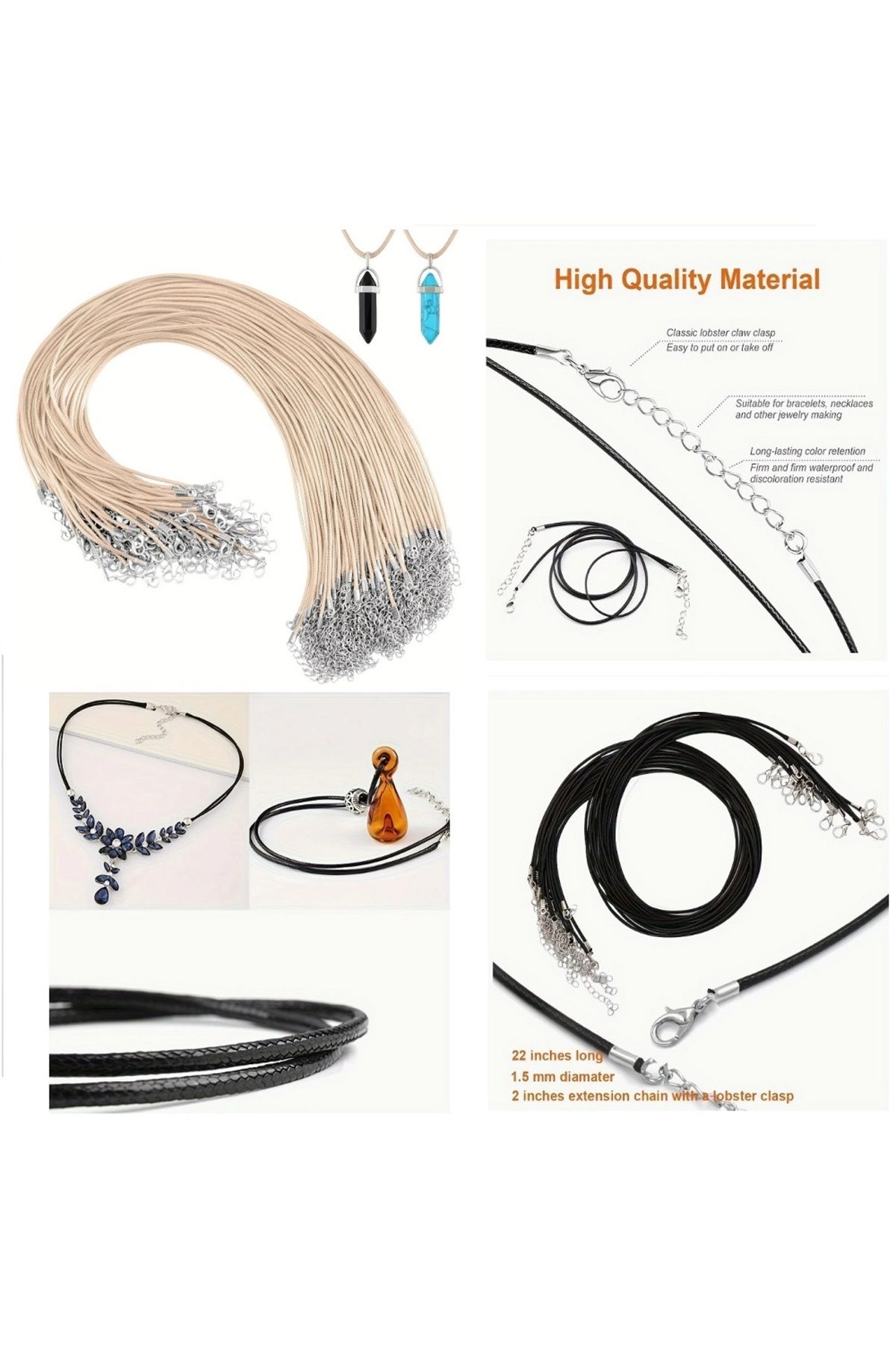 orco ( 4 SİYAH + 2 HAKİ ) 6 ADET 50.8CM MUMLU SUNİ DERİ KOLYE İPİ TOKALI (KİTLEME ÇENGELLİ)