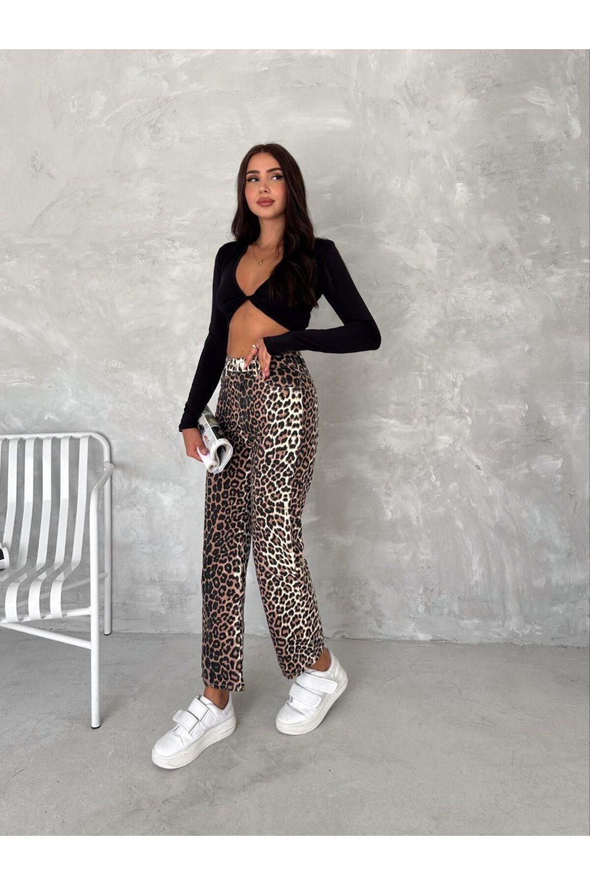 Jeevee-Leopard Pattern Wide Leg High Waist Trousers 3