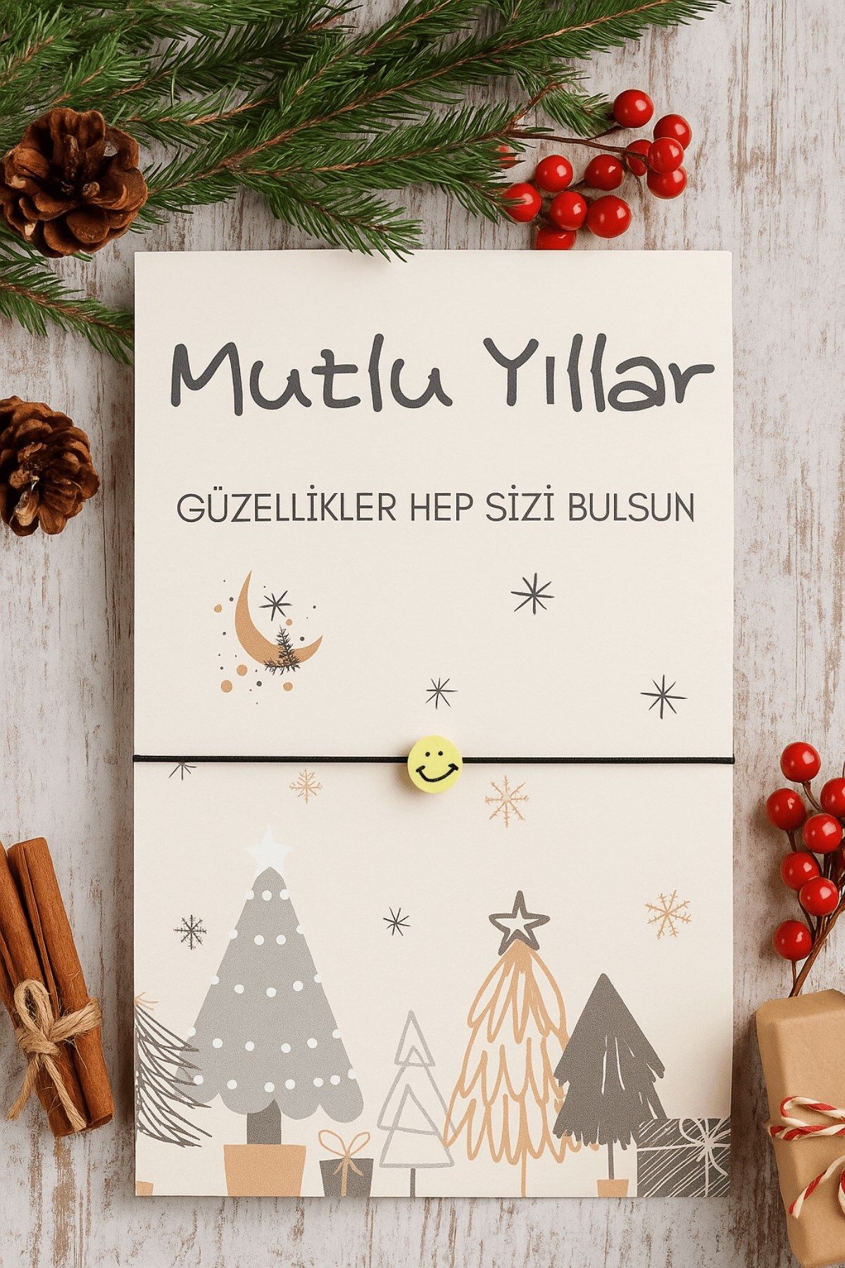 Emtory 10 Adet Emoji Gülen Yüz Bileklik - Mutlu Yıllar Kartlı - Yılbaşı Hediyesi - Şans Bilekliği