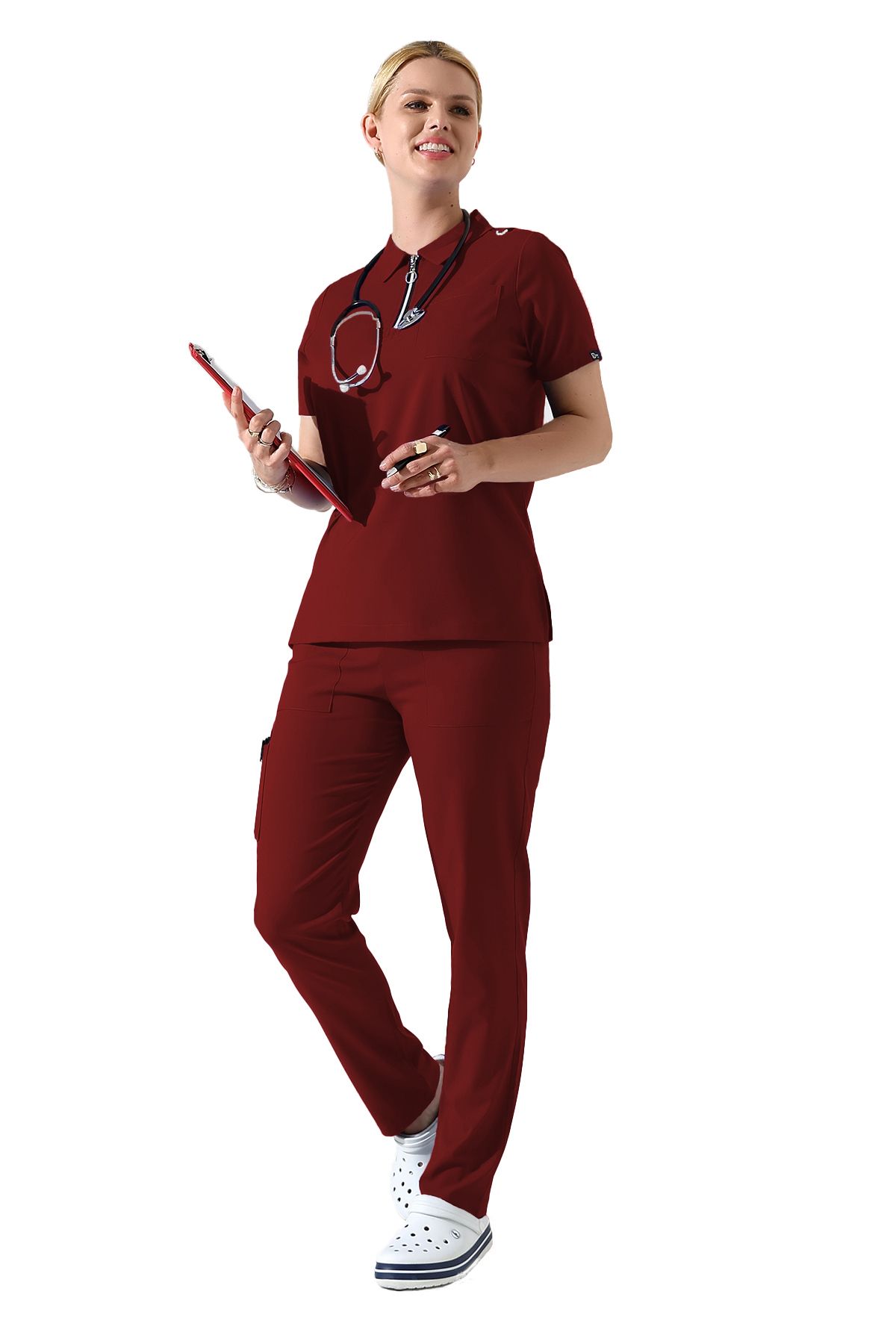 BEDUCA Bordo Likralı Polo Yaka Fermuarlı Hemşire Scrubs Takımı, Estetisyen Ve Güzellik Merkezi Forması