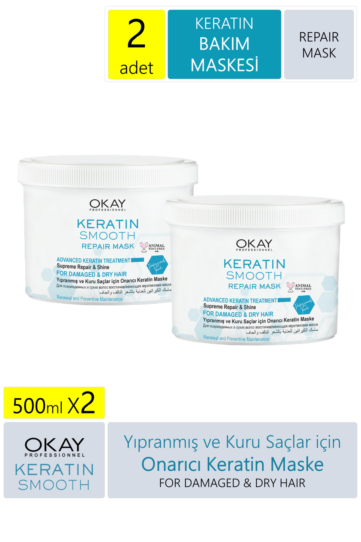 Okay Keratin Smooth Onarıcı Maske 500 ml X 2 Adet