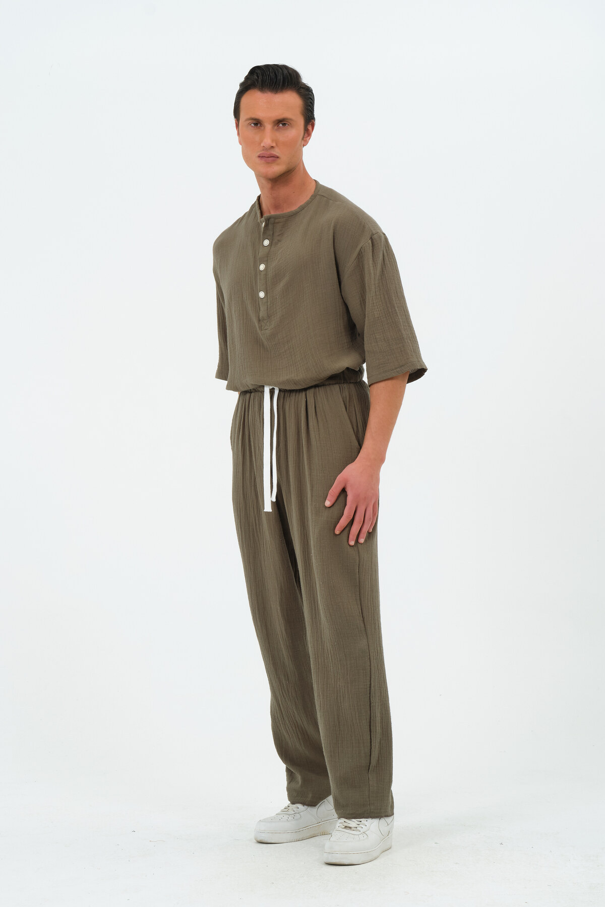 RELAXL %100 Pamuk Müslin Kumaş Fakir Kol Pat Yaka Haki Yeşil Oversize Gömlek görsel 6