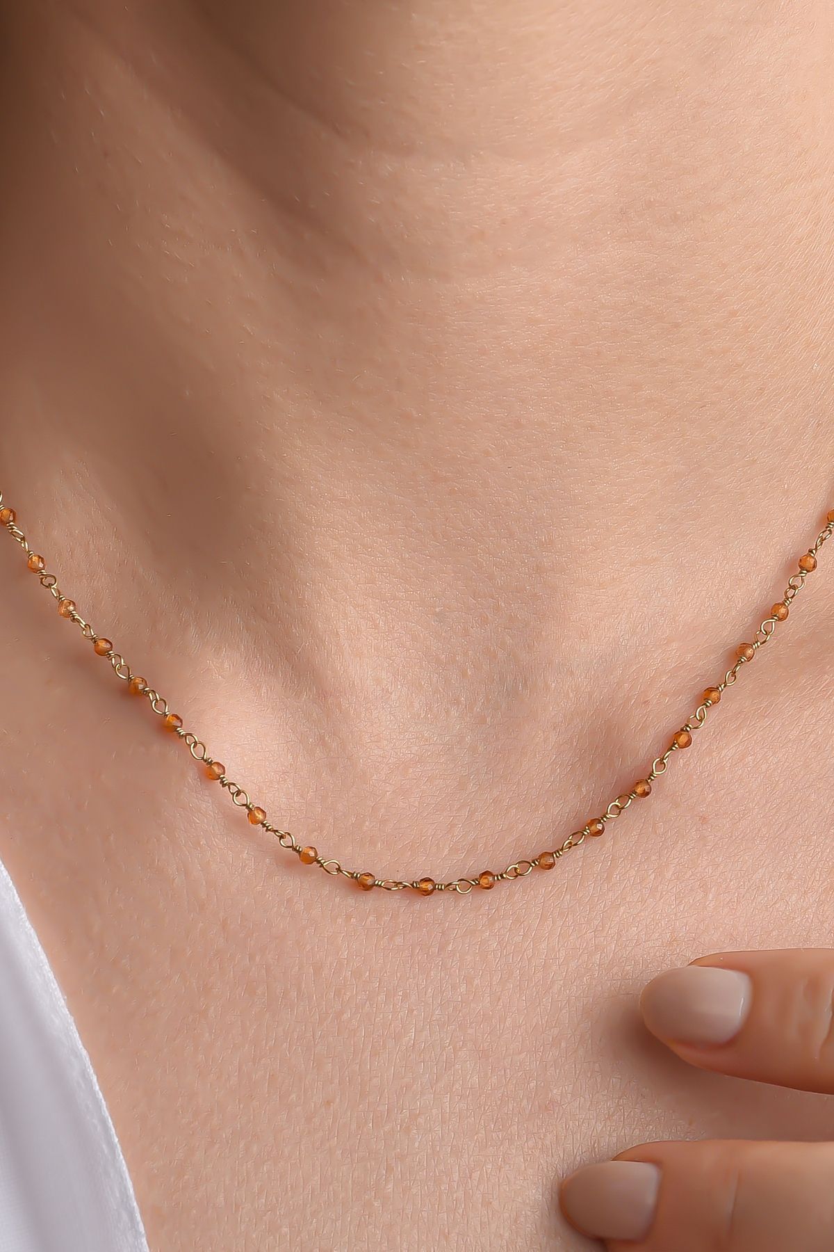 Nox Jewelry 14 Ayar Altın Kaplama Zarif Sitrin Ham Değerli Taş Gümüş Gerdanlık - CNS00635
