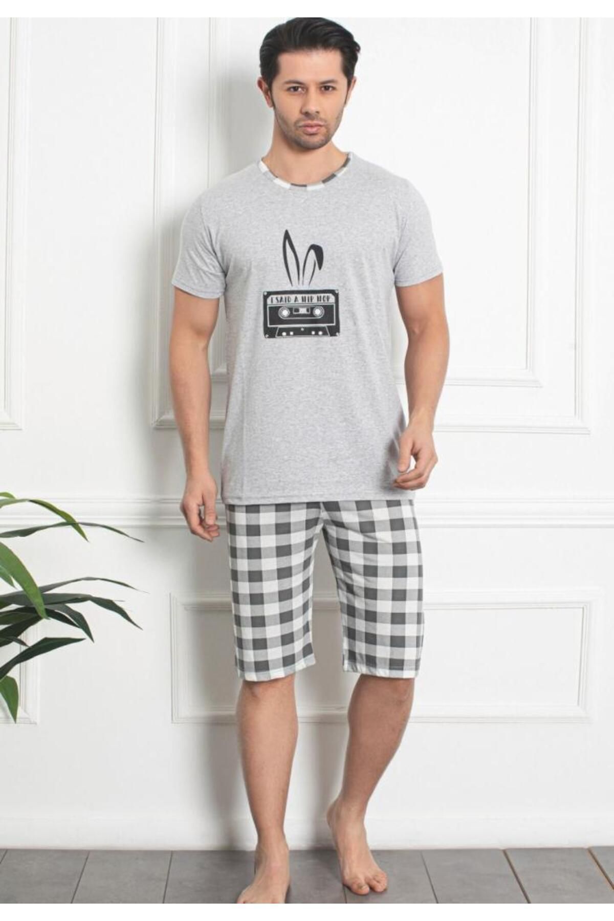 TOSKI-Men's Cotton Pajamas - Short Sleeve and Three Quarter Pants, Hip Hop, gray 2