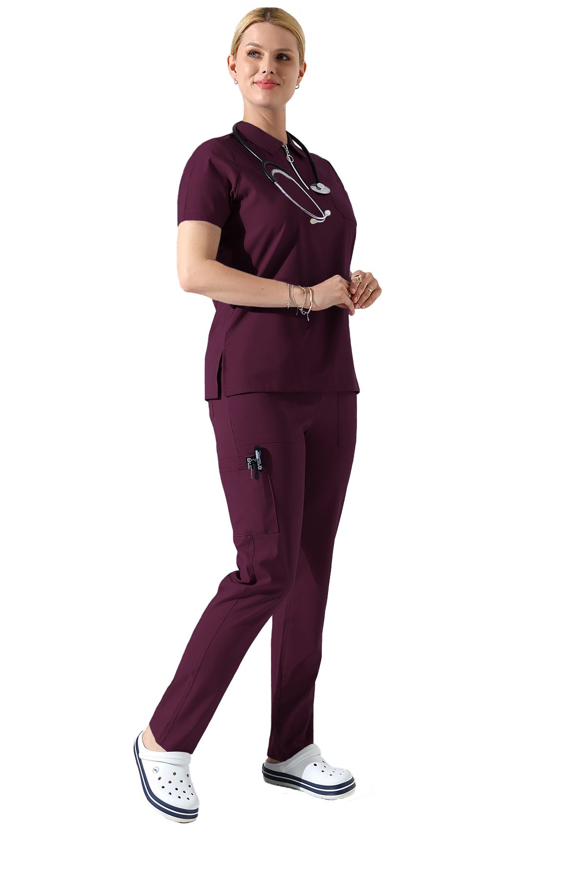 BEDUCA Mürdüm Likralı Polo Yaka Doktor Scrubs Takımı, Estetisyen Ve Güzellik Merkezi Kıyafeti