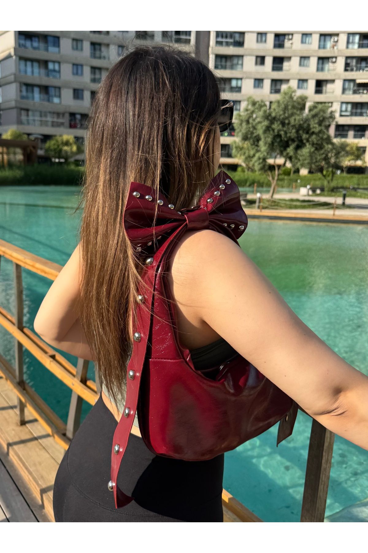 Goldies Bag Kadın Bordo Cherry Red Kurdele Model Zımba Detaylı Mıknatıs Kapamalı Baget El Ve Omuz Çantası