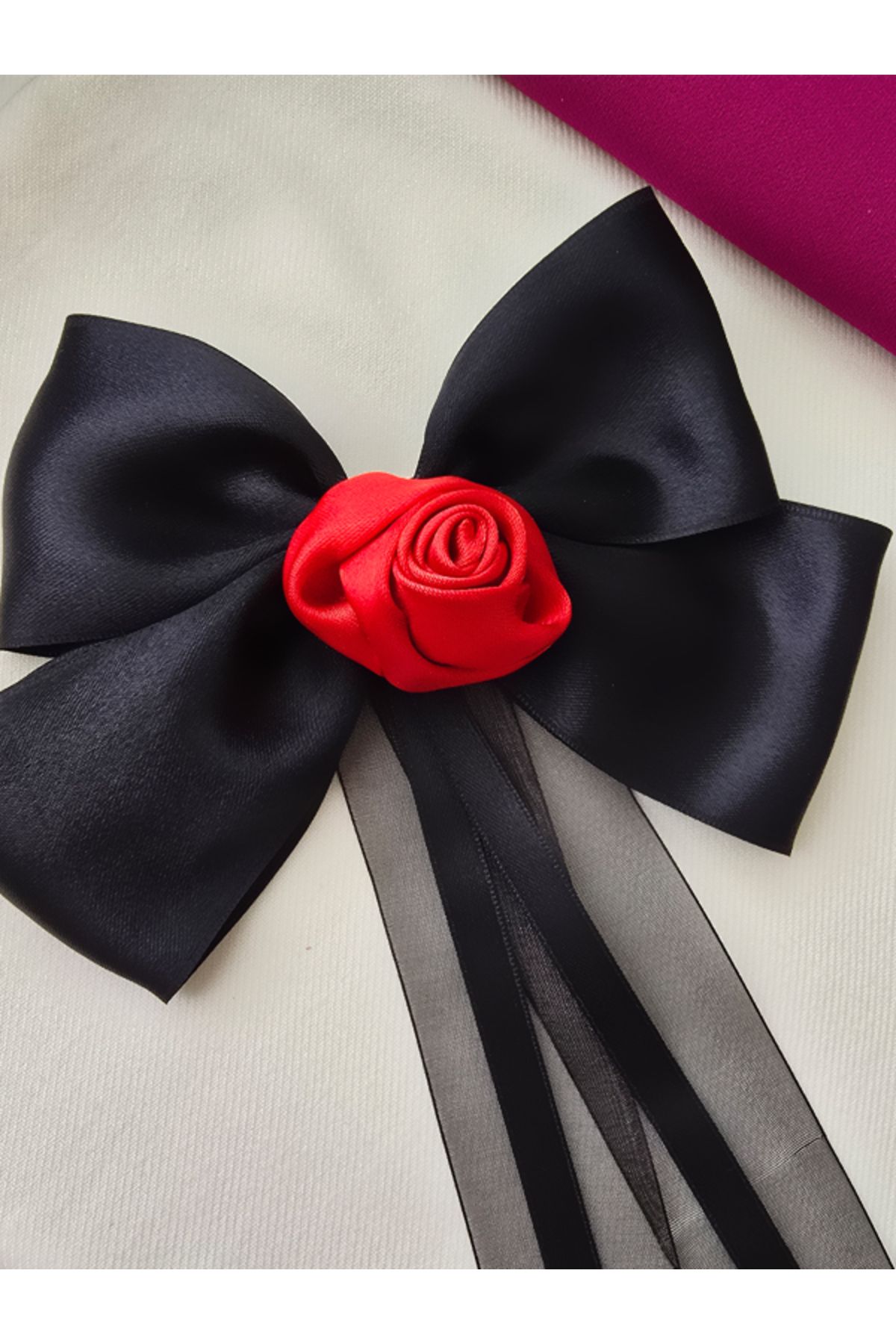Riccoco Accessory Kırmızı Gül Detay Siyah Büyük Fiyonk Otomatik Toka Saten Kurdele Toka
