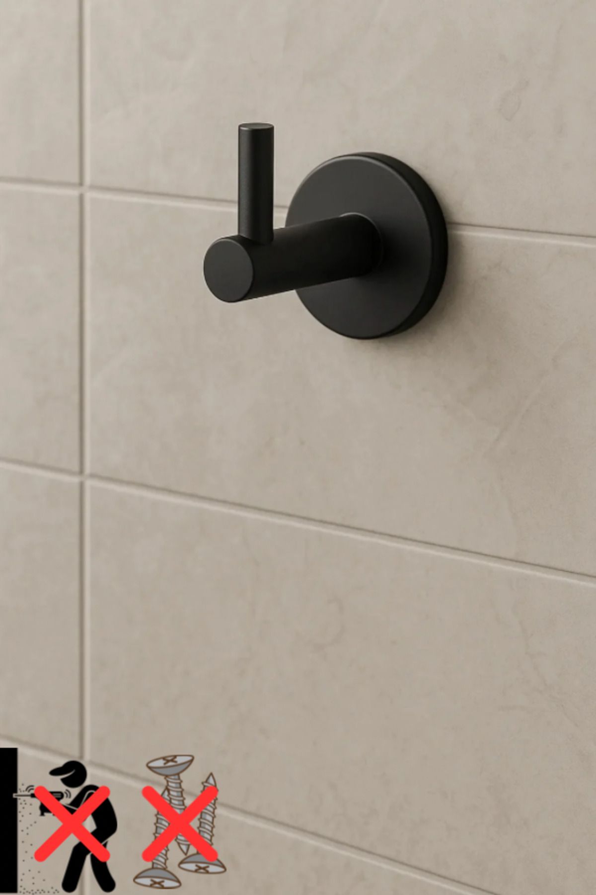 MultiStore Siyah Yuvarlak Yapışkanlı Metal Tekli Kanca Bornoz Banyo Askısı