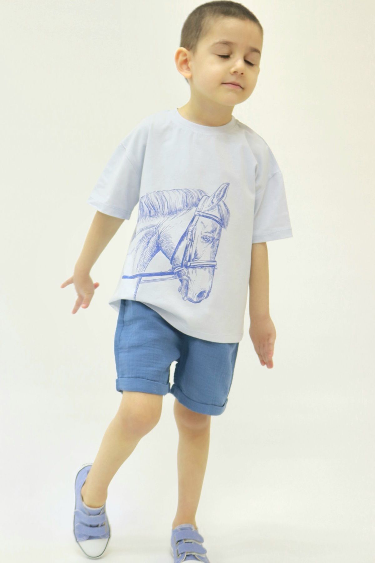 BALKABAĞI-Set de vară pentru copii Horse Indigo Muslin Bumbac 5