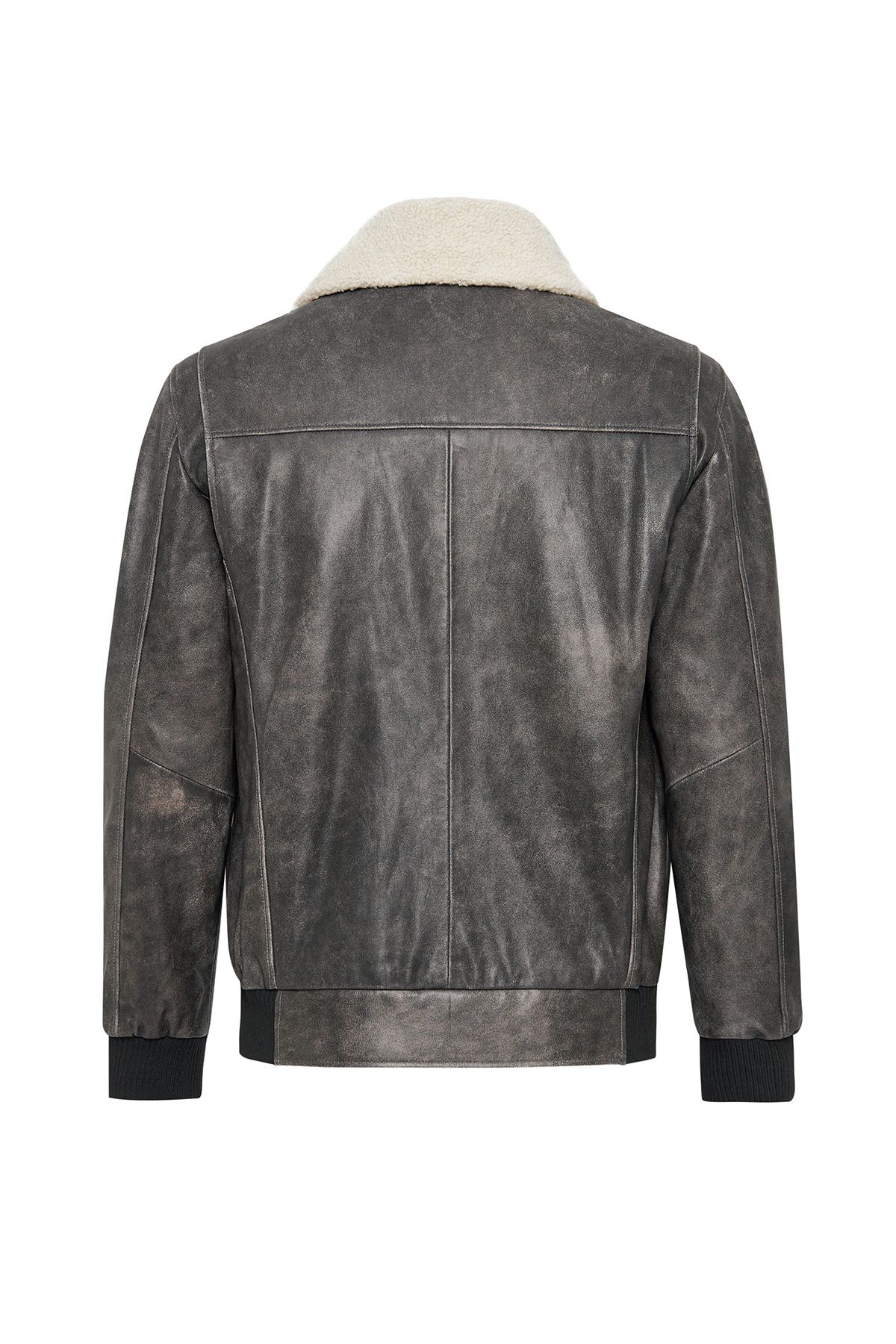 Derimod-Hurricane Men's Gray Embroidered Collar Fur Leather Pilot Coat 24Wgd6543G6 6
