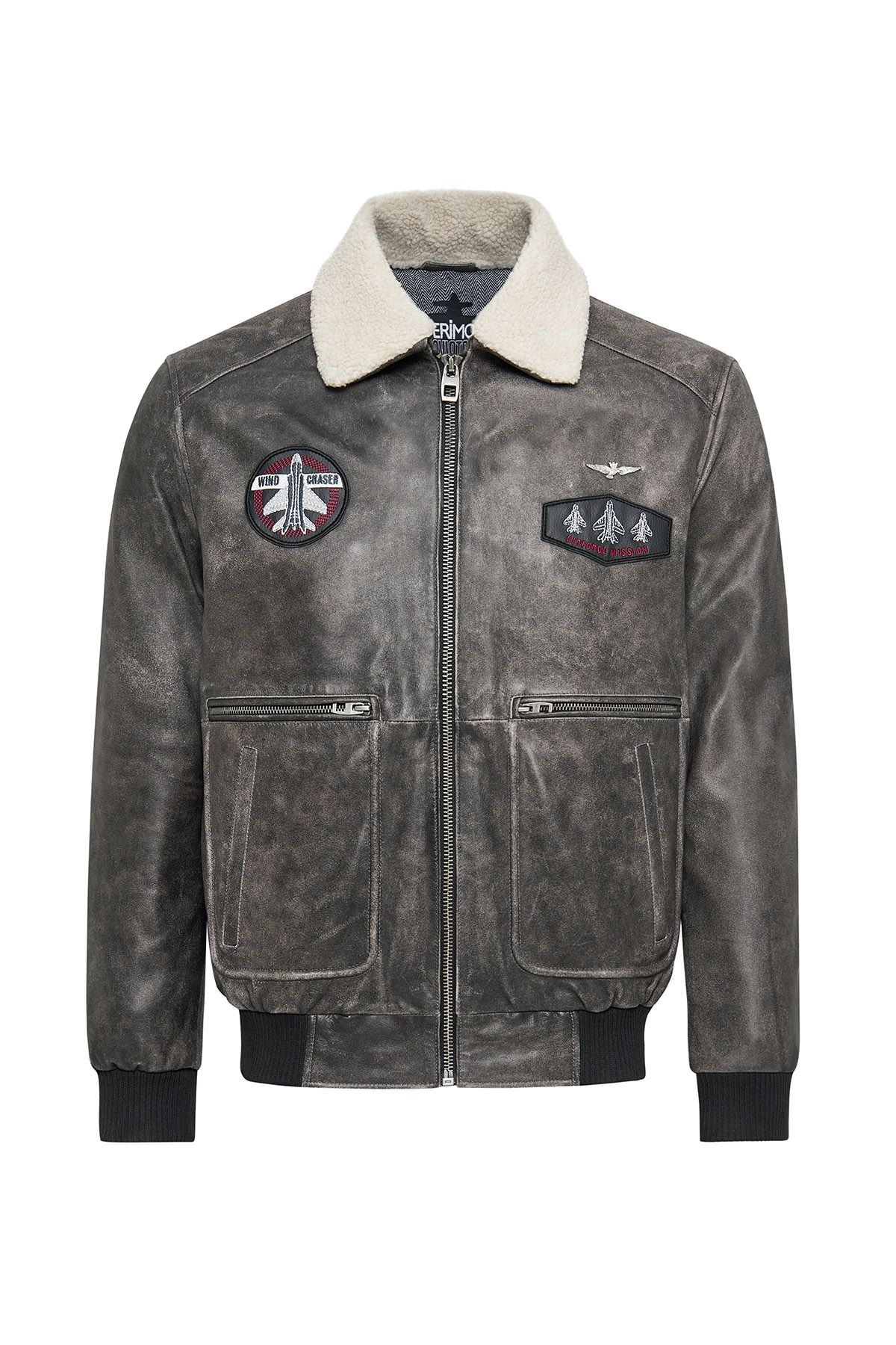Derimod-Hurricane Men's Gray Embroidered Collar Fur Leather Pilot Coat 24Wgd6543G6 2
