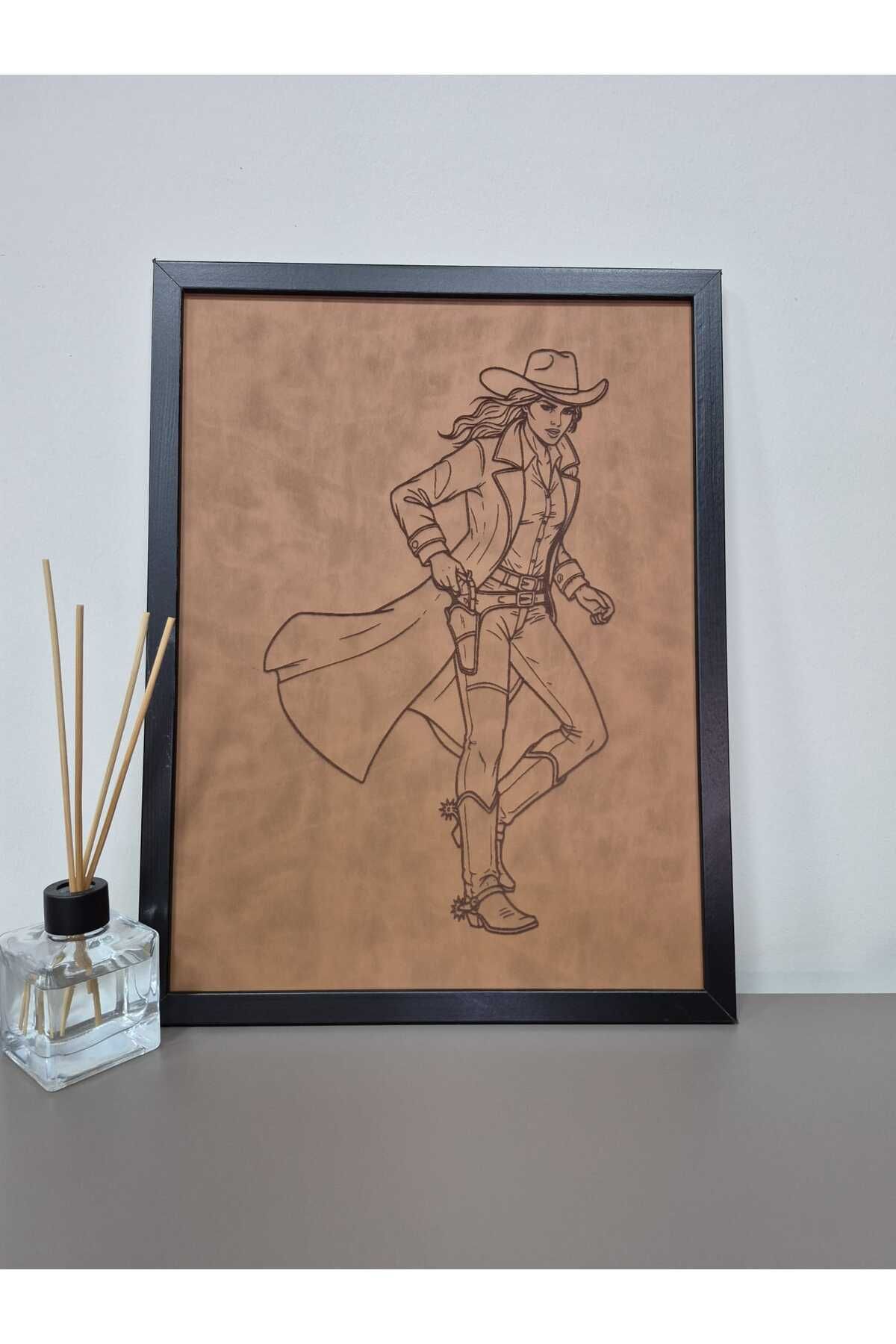 Grand Fine Art Deri Üzeri Lazer Kazıma Kadın Kovboy