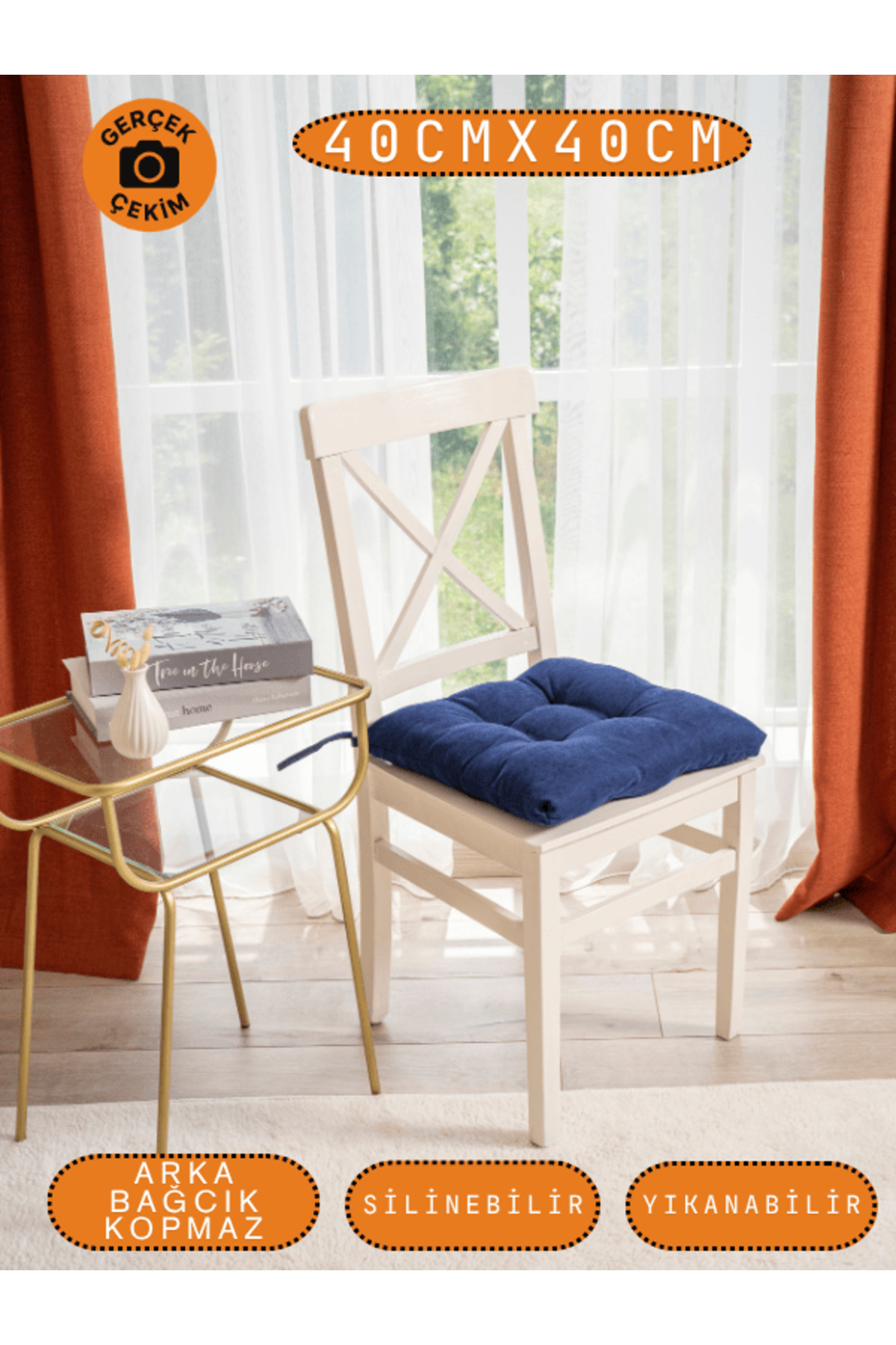Pastello Sandalye Minderi –Gece Mavisi – Kadife Dokulu, Bağcıklı, Yıkanabilir – 40x40 detay