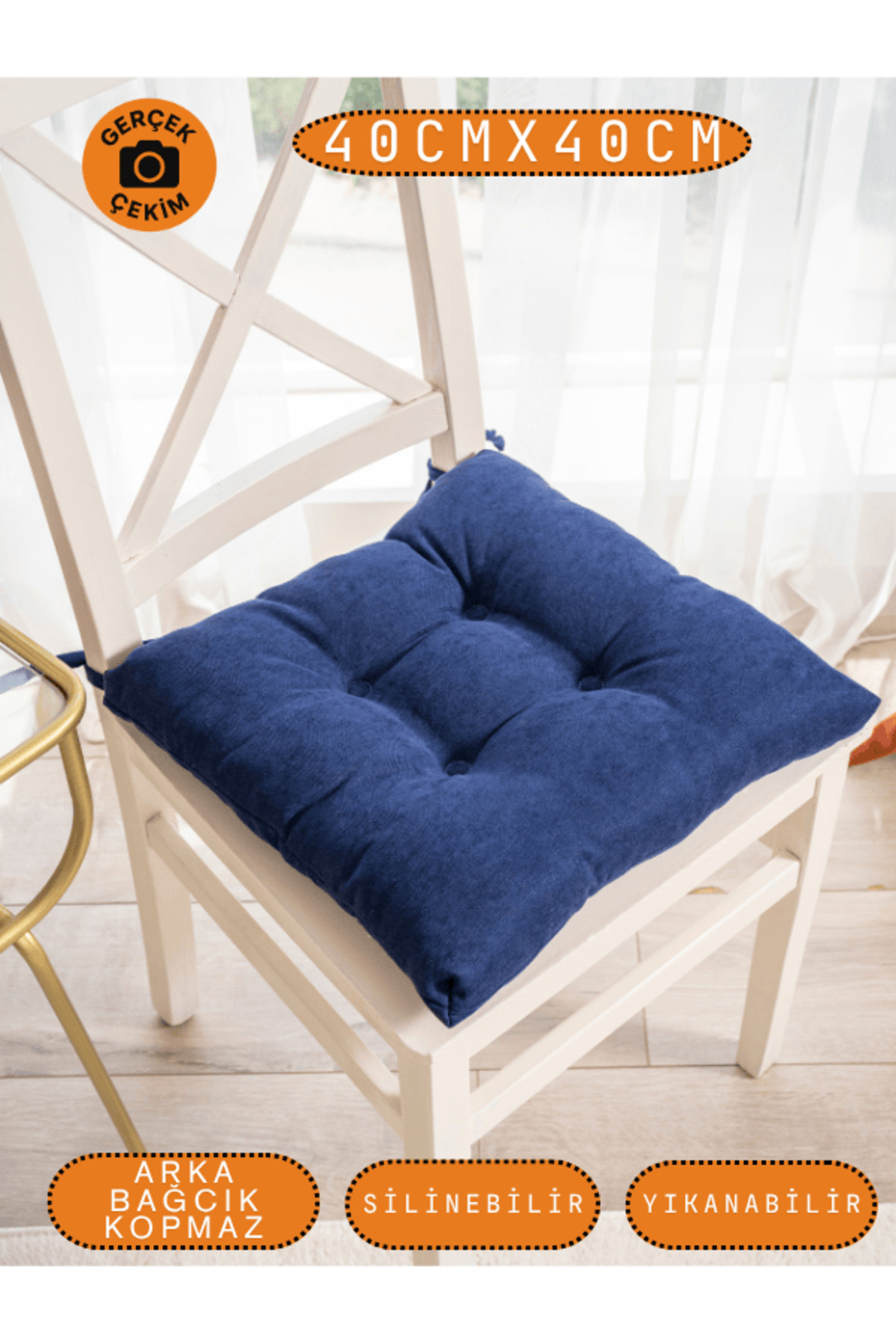 Pastello Sandalye Minderi –Gece Mavisi – Kadife Dokulu, Bağcıklı, Yıkanabilir – 40x40 detay